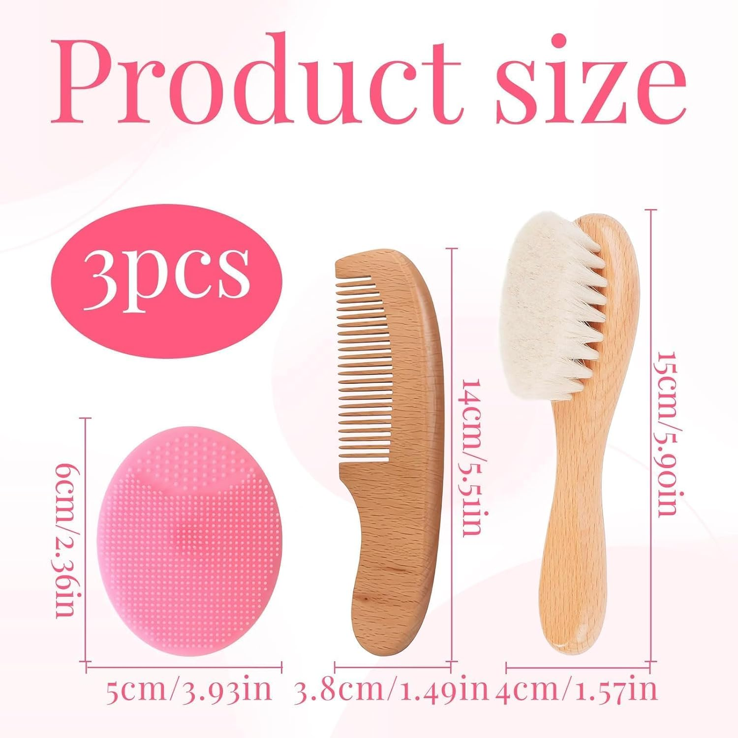 Baby Hair Brush, 3Pcs Baby Brush for Newborns, Cradle Cap Brush, Baby Hair Comb Set, Goat Bristles Comb, Silicone round Teeth Cradle Cap Brushs, for Newborns and Toddlers Hair Massage image number 3