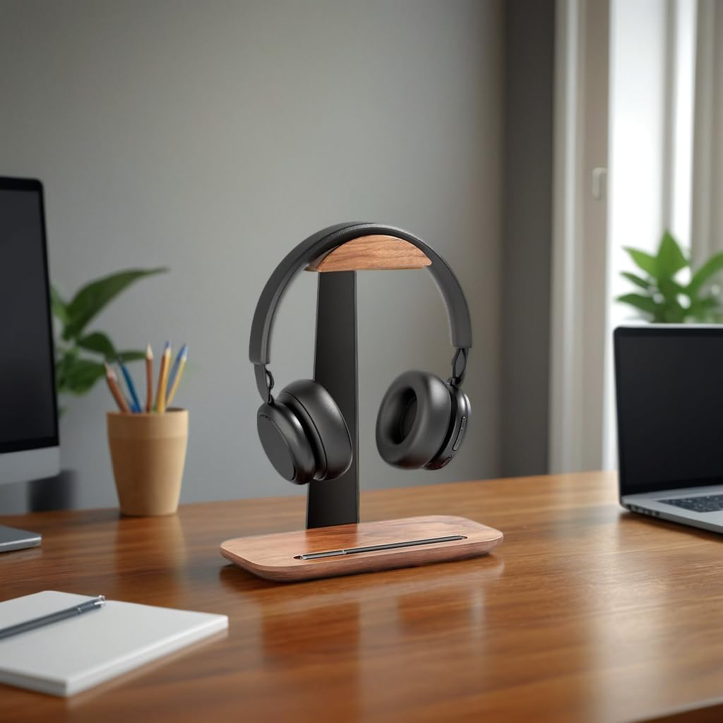 Premium Walnut Wood Headphone Stand &ndash; Sleek & Sturdy Headphone Holder with Storage Base &ndash; Universal Fit for Gaming, Sony, Sennheiser, Audio-Technica, Bose, Razer, Beats & More image number 1