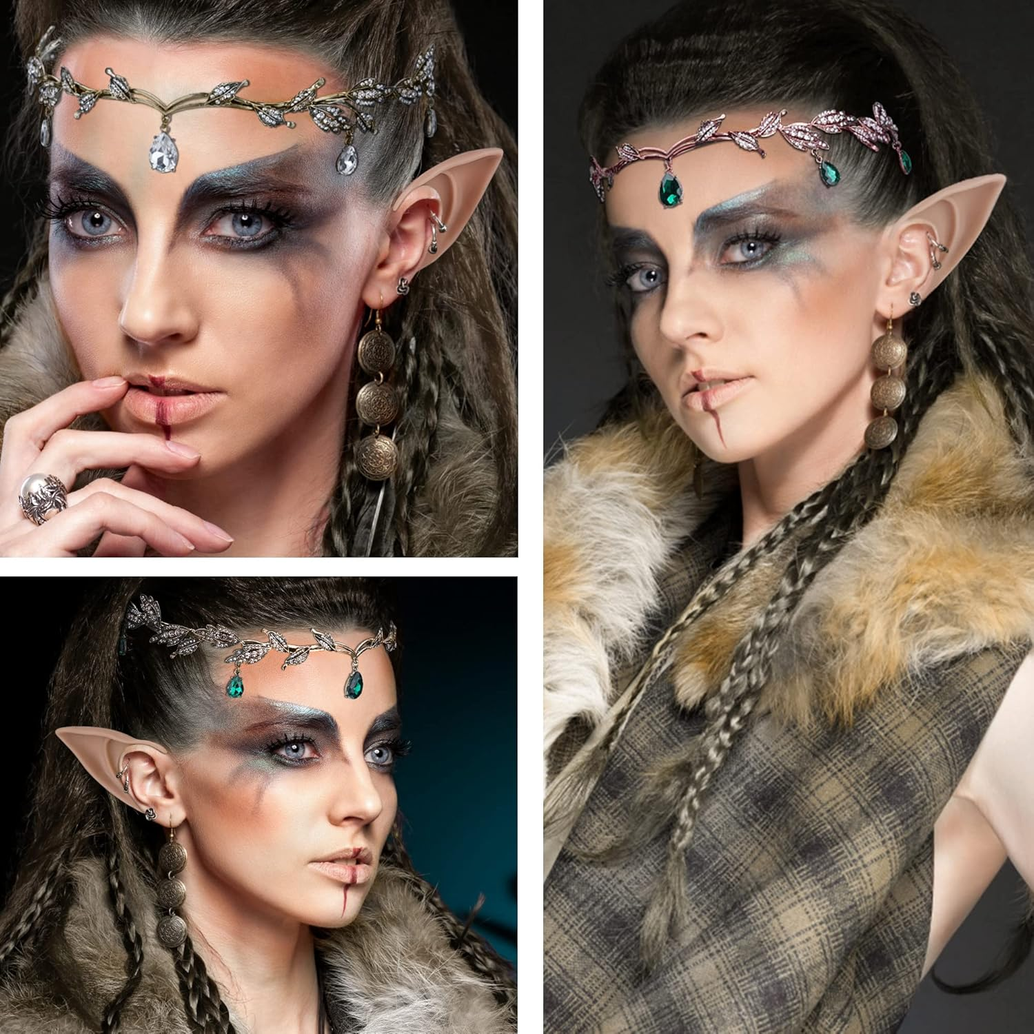 FRESHME Elf Ears with Fairy Crown Set Pixie Headpiece with 2 Pairs Fairy Ears Kit