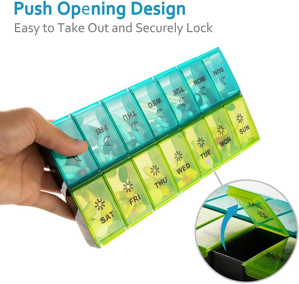 Mossime XL Large Daily Pill Organizer 2 Times a Day, Extra Jumbo 7 Day Pill Box Am Pm, Weekly Day Night Vitamin Holder, Medicine Organizer, Big Pill Container, Medication Dispenser 14 Compartments - Blue+Green image number 5