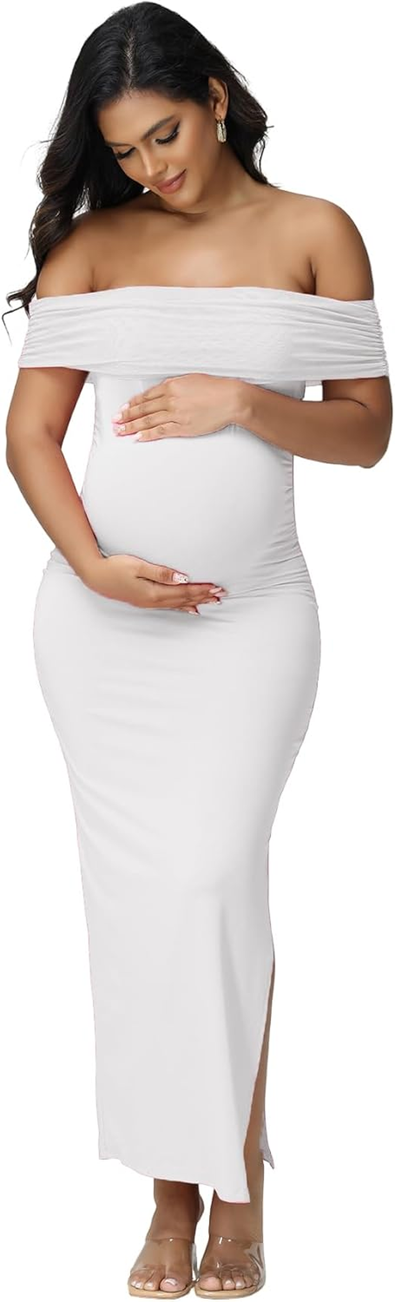 Justvh Women'S Maternity Mesh off Shoulder Sleeveless Split Party Midi Dress for Baby Shower Photoshoot Gown