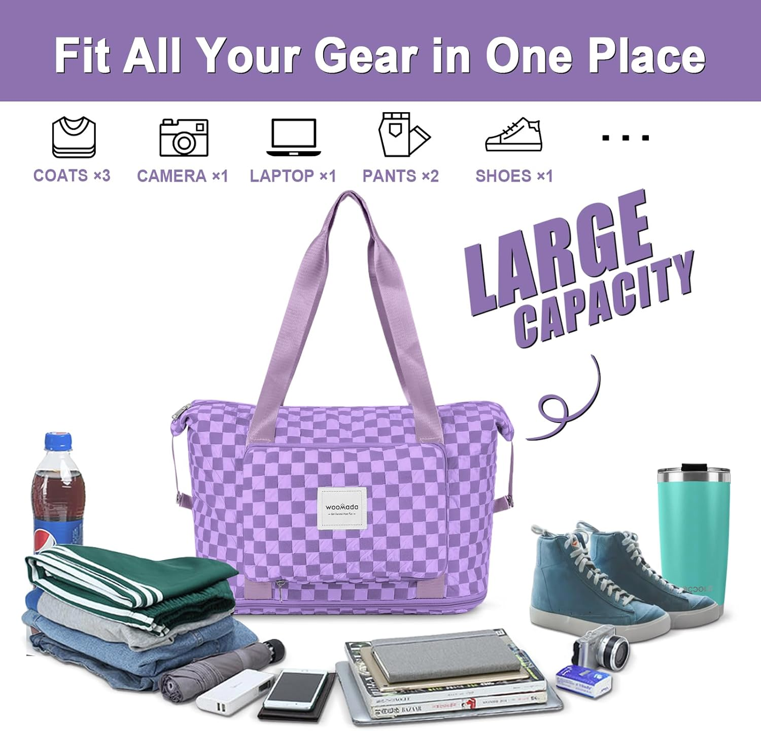 WOOMADA Foldable Travel Duffel, Weekender & Carry-On Bag with Expandable Space, Lavender Checkerboard - B-Black image number 6