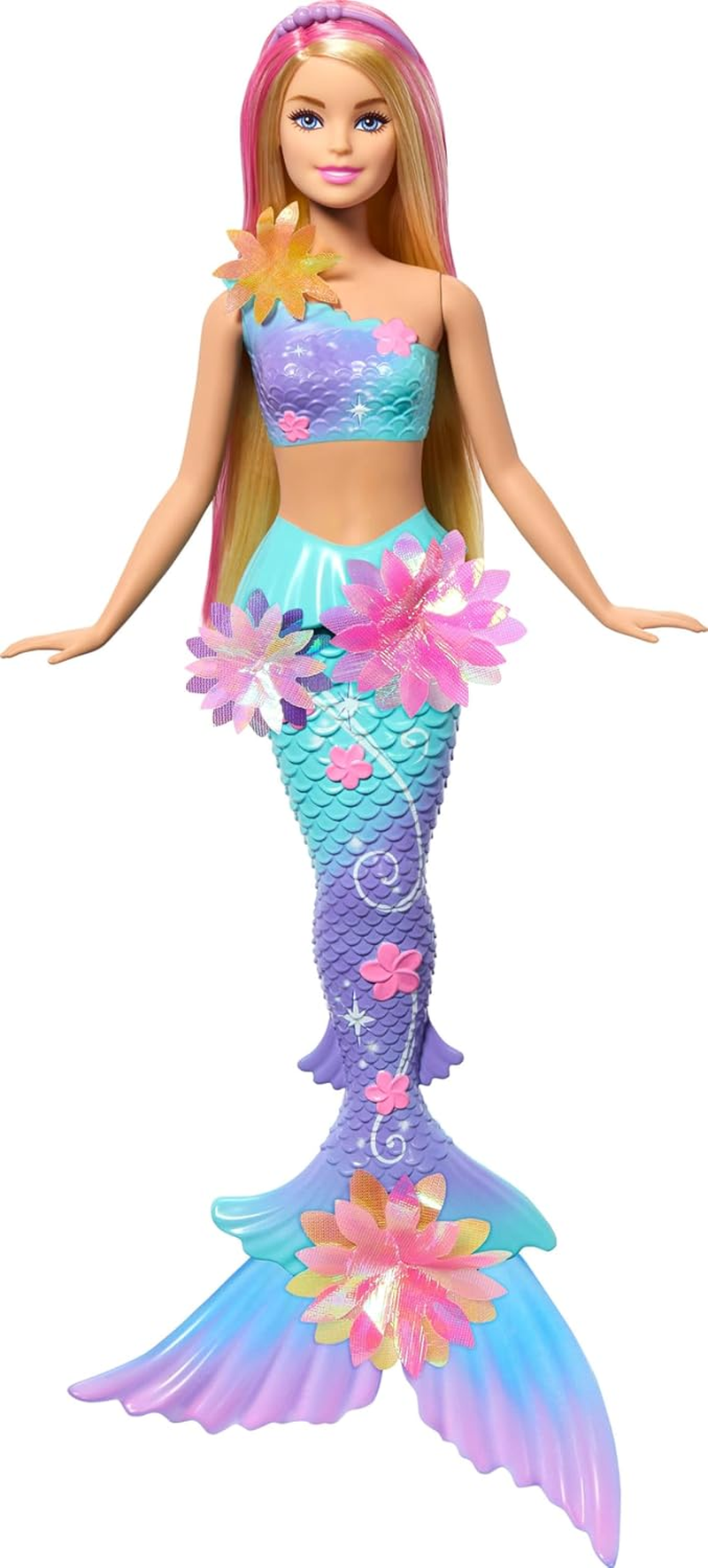 Barbie Mermaid Toy Dolls with Surprise Magic Blooming Flowers Feature, Ombre Tails, Pearl Headband Accessory & Long Blonde Hair with Pink Highlights image number 3