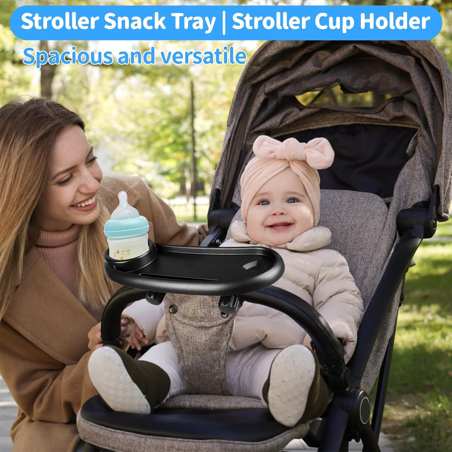 Universal Stroller Snack Tray with Cup Holder Organizer and Phone Holder - 3 in 1 Organizer Rack Accessories, Stable Tray Bumpers for Baby Play and Watch Video
