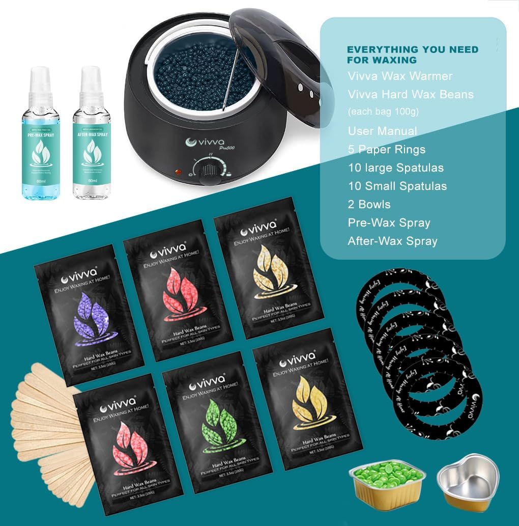 Vivva Waxing Kit, Wax Warmer Hair Removal Adjustable Temperature with 600G Hard Wax Beans and 20 Pcs Wooden Applicator Sticks Painless for Legs, Face, Underarm, Bikini (Black Kits)