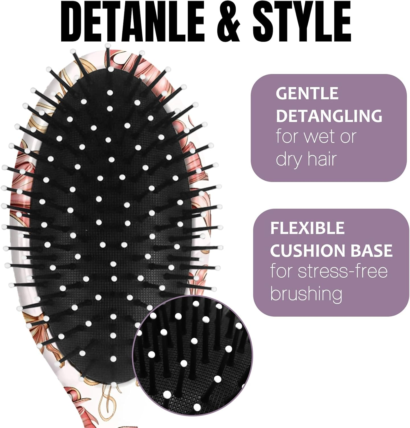 Gabraden Hair Brush,Detangling Hair Brush,Soft Bristles for Effortless Tangle Removal,Detangler Hairbrush for Women Men Boys Girls Wet Dry All Hair Types (Pink Bow) - Black Butterfly image number 2