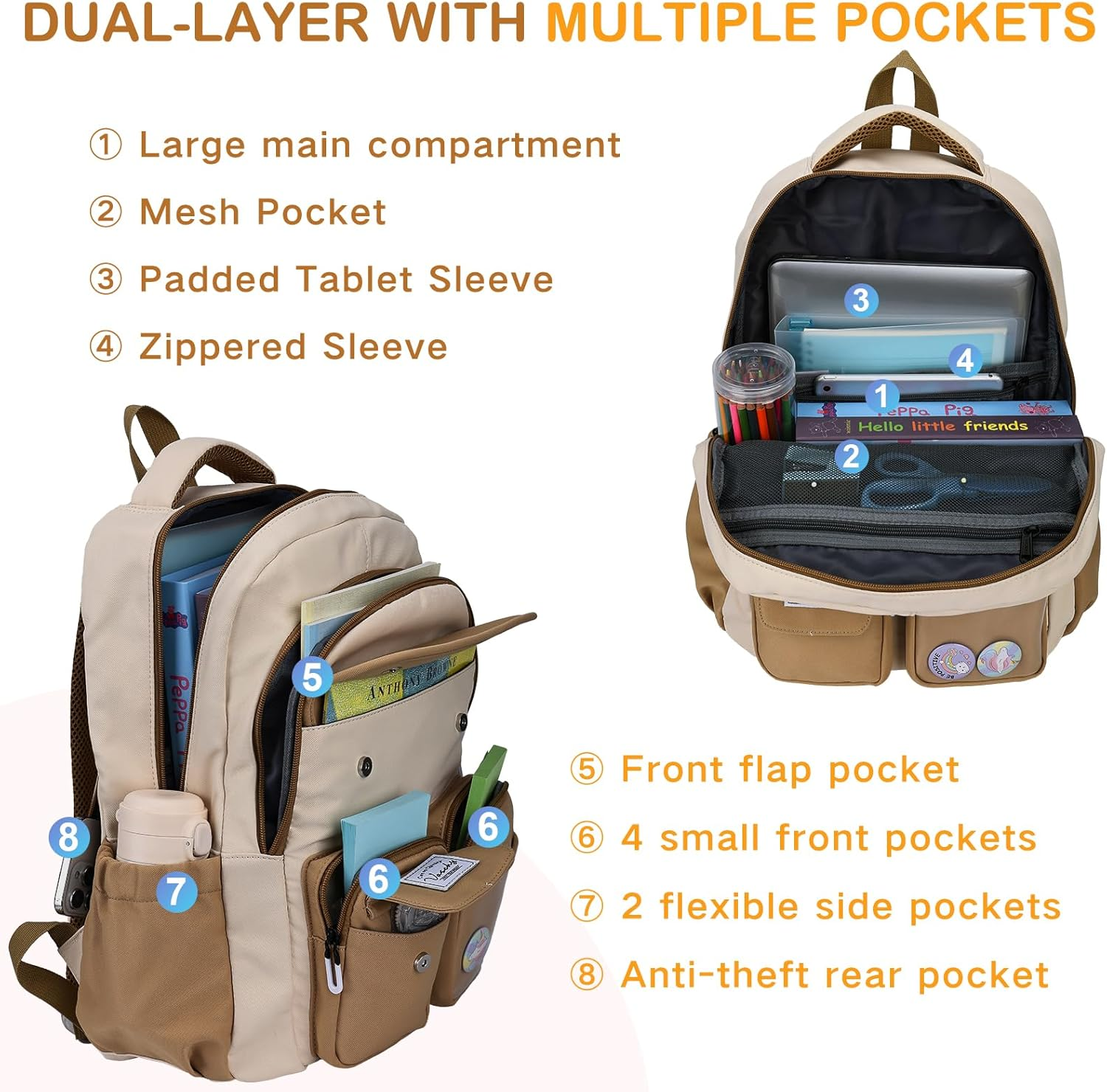 Large Backpack for Girls, VASCHY Cute School Bag Bookbag for Elementary Middle Schooler Teen Girls/Boys/Kids Travel Hiking with Clear Pin Pouch image number 2