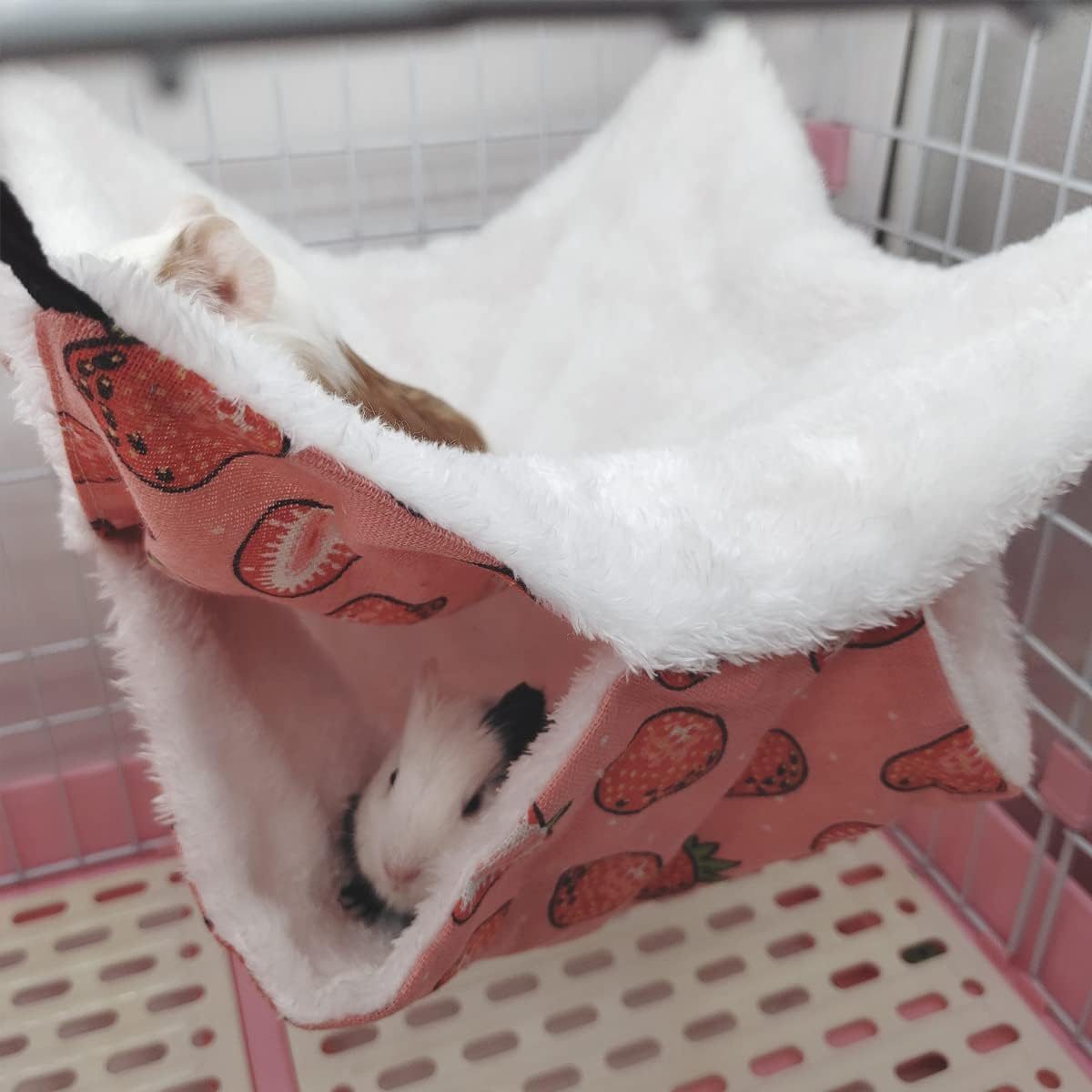 Norhogo Small Animal Hammock Double Layers Hammock for Guinea Pig Rat Ferret Small Pet Hideout with Tunnel Cave Hanging Hammock Pet Accessories, 35 X 35 Cm, Pink Strawberry Pattern image number 6