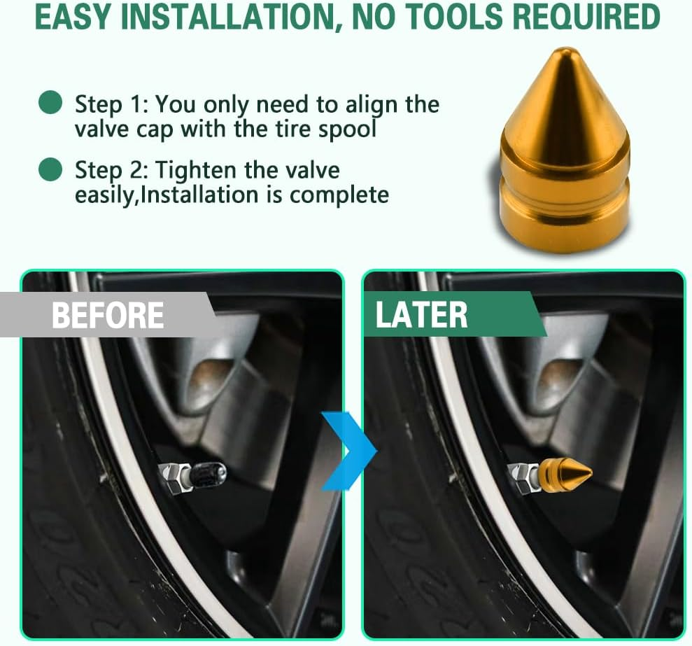 4PCS Tire Valve Caps, Tire Valve Stem Caps, Spiked Aluminum Stem Valve Caps with Plastic Liner Corrosion Resistant Leak-Proof, Universal Car Accessories Universal for All Vehicles (Gold) image number 5