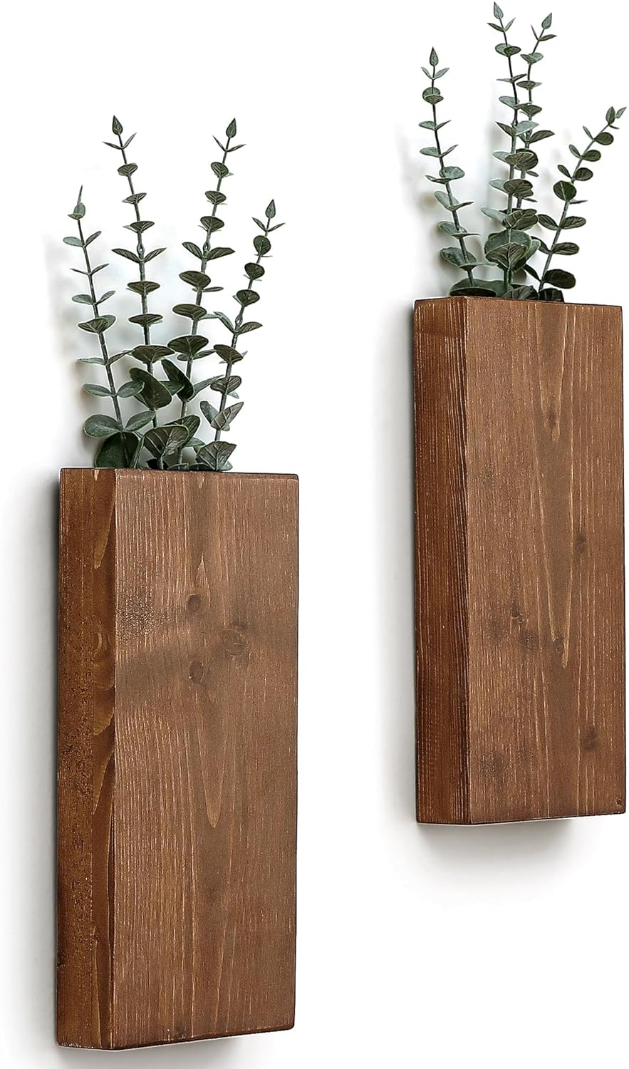 Wood Wall Planter Set of 2, Wood Wall Pocket for Greenery and Dried Flowers, Indoor Wood Hanging Vase, Modern Farmhouse Wall Decor for Living Room Bedroom Office Eucalyptus Stems Decorations (Walnut)