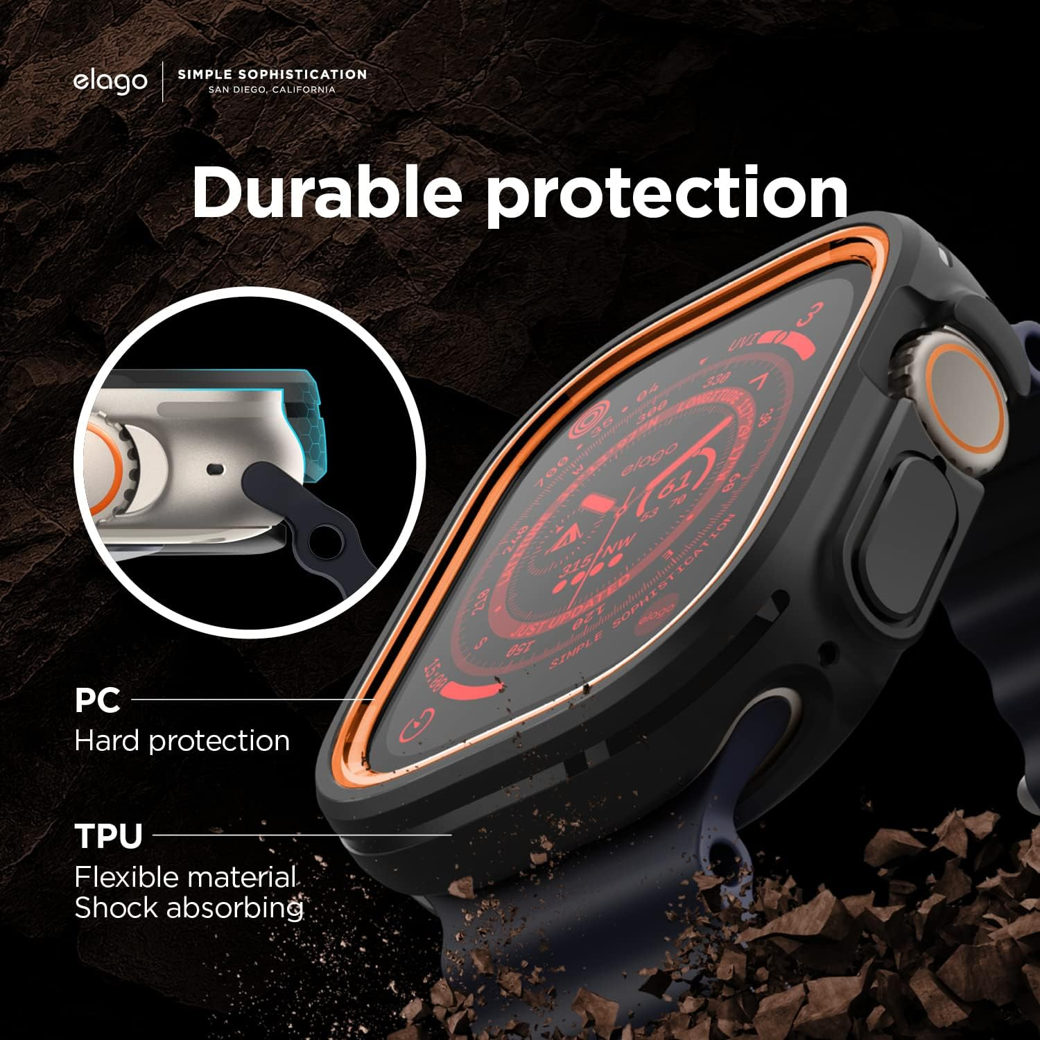 Elago Duo Case Compatible with Apple Watch Ultra 3/2/1, Full Protection (Hard PC + TPU Material), Full Access to Screen, Two Pcs Included. Strap Not Included (TPU: Black/Pc: Orange, Black) image number 2