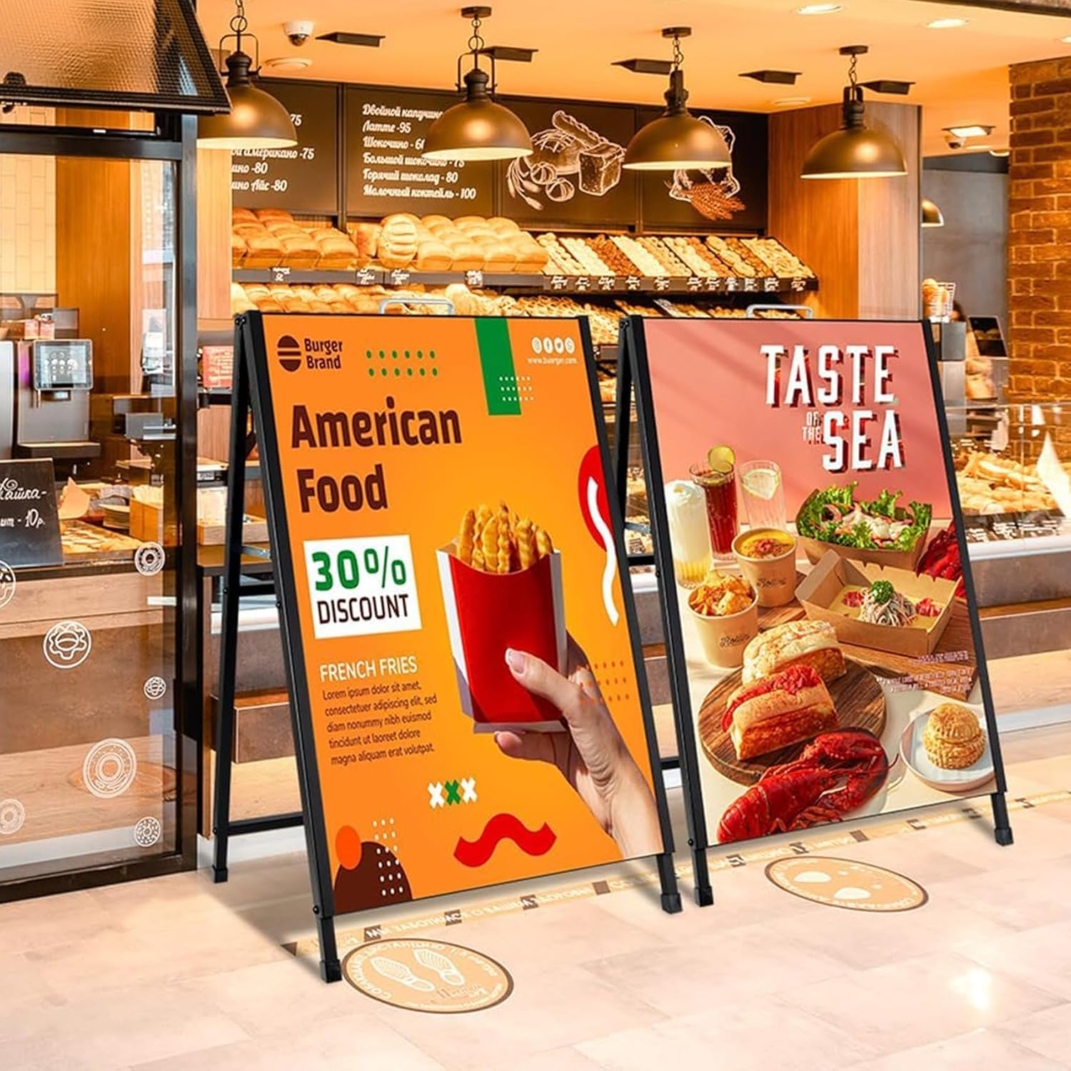 A Frame Sign Double-Sided, Folding Sandwich Board, Heavy Duty Slide-In Sidewalk Signboard, Metal Pavement Sign(Frame Only), Black 60 * 90 * 105Cm image number 1