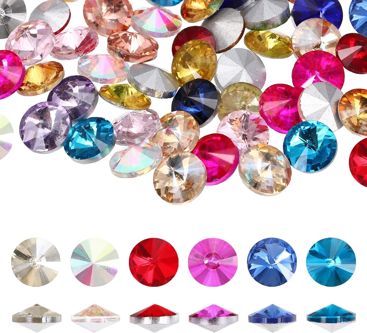 Uxcell Pointed Back Rhinestones, 50 Pcs 8Mm round Glass Rhinestone Faceted Crystal Cabochon Gems for Nail Arts Crafts, Jewelry Making, Phone Case, Cloth Decoration (Mixed Colors)