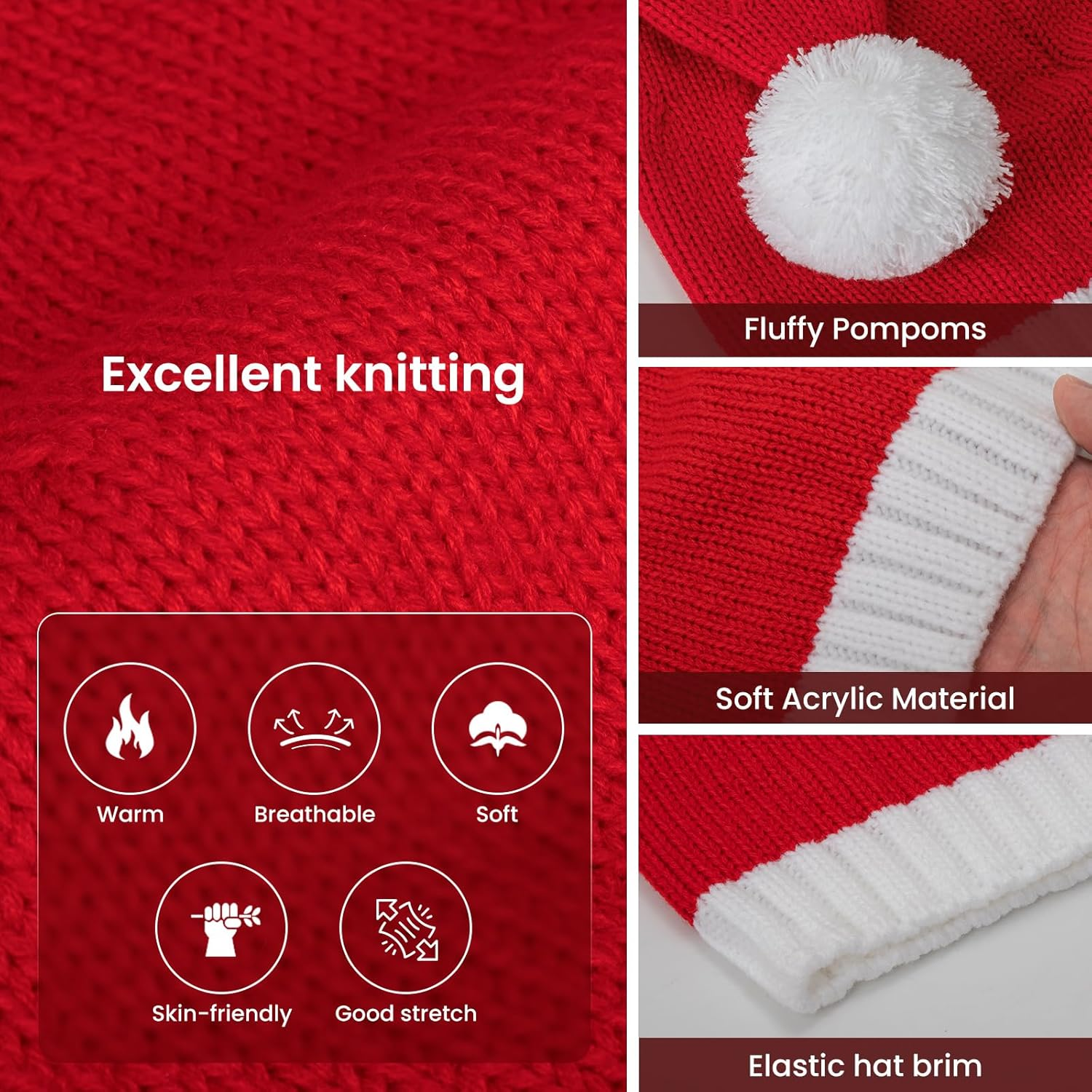 Christmas Hats Red Santa Hat Xmas Party Hat Red Knitted Beanie Hat for Adult Women Men image number 6