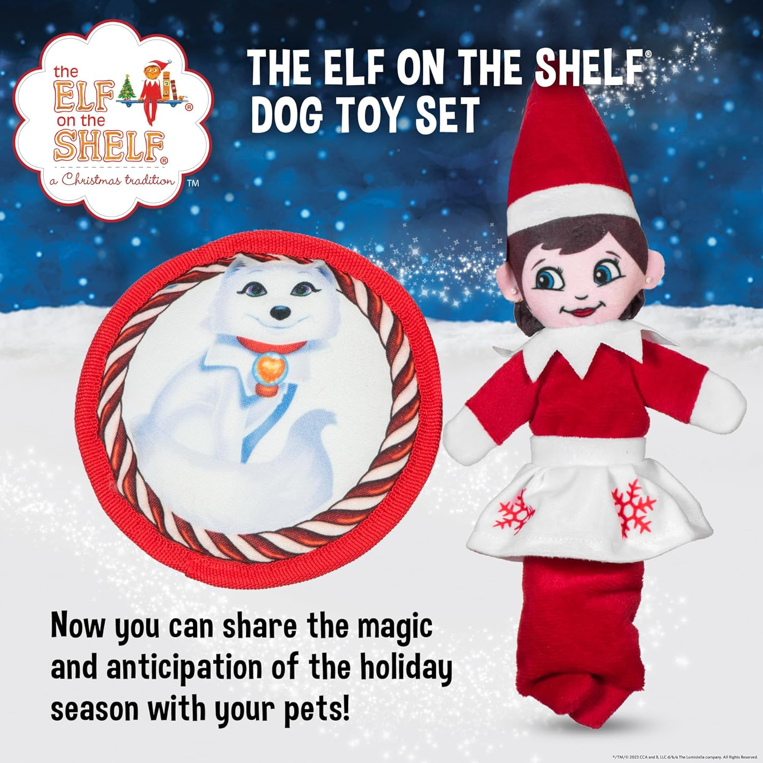 The Elf on the Shelf 2Pc Dog Toy Set with Elastic Scout Elf + Elf Pets Arctic Fox Plush Flattie Disk, Squeaky Dog Toys | Bungee Dog Toys for Tug | Stocking Stuffers for Dogs image number 2