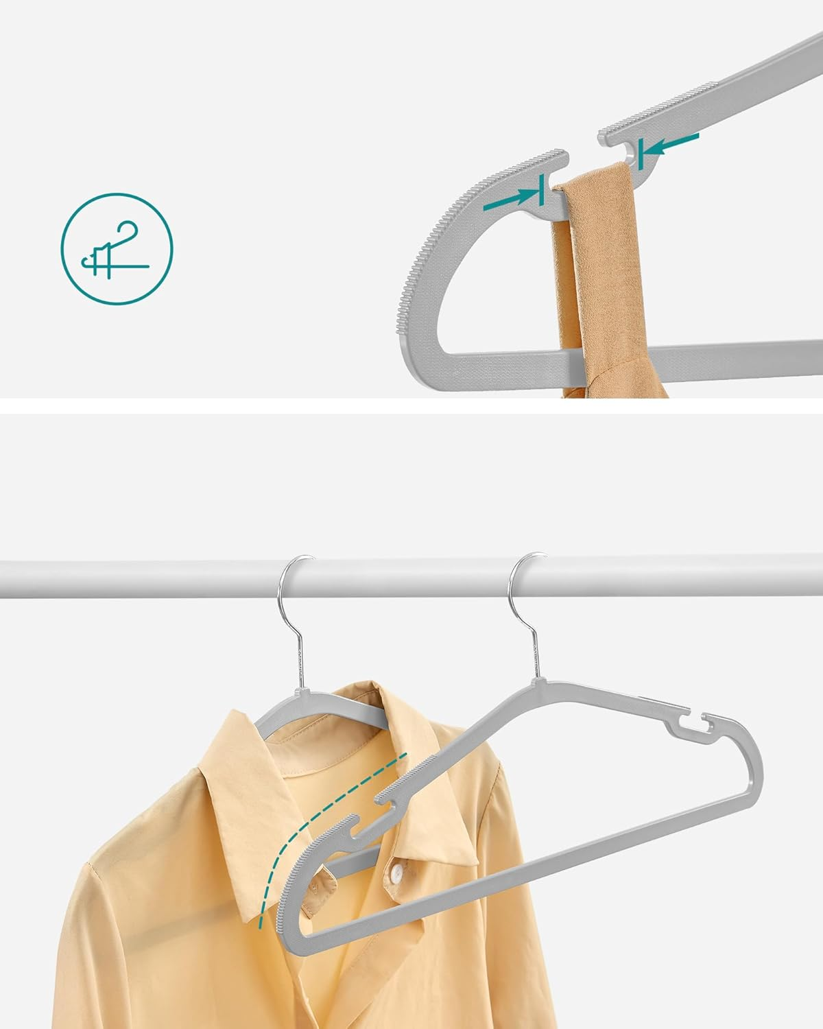 SONGMICS Coat Hangers, Pack of 30, Heavy-Duty Plastic Hangers, with Wide Shoulder Notches, Trousers Bar, 360&deg; Swivel Hook, Space-Saving, 41.6 X 21.4 Cm, for Wardrobe, Grey CRP065G01 - 50, Cloud White image number 6