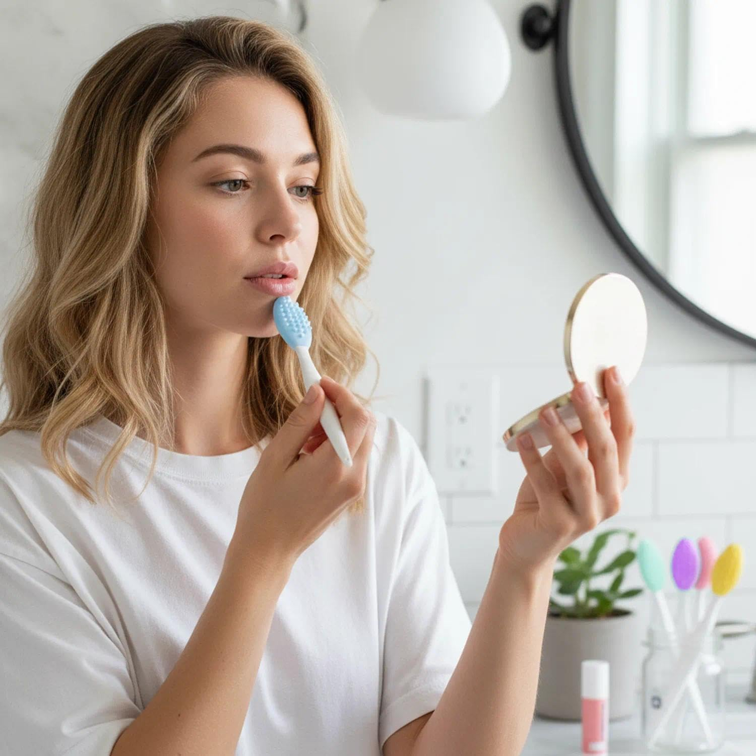 Double-Sided Silicone Lip Scrub Brush, 5 Pcs Lip Brush & Pore Brush for Gentle Exfoliation and All Skin Types &ndash; Pink, Green, Yellow,Blue,And Purple -Fengea image number 2