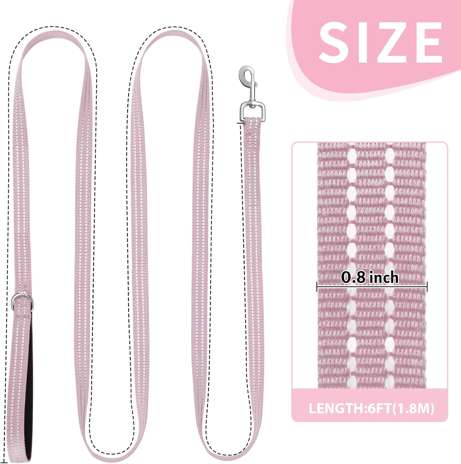 Xiaz 6 Feet Dog Training Leash, Nylon, Pink, Reflective, Padded Handle, 550 LBS Bearing, Lightweight Suitable for Small, Medium Dogs and Cats