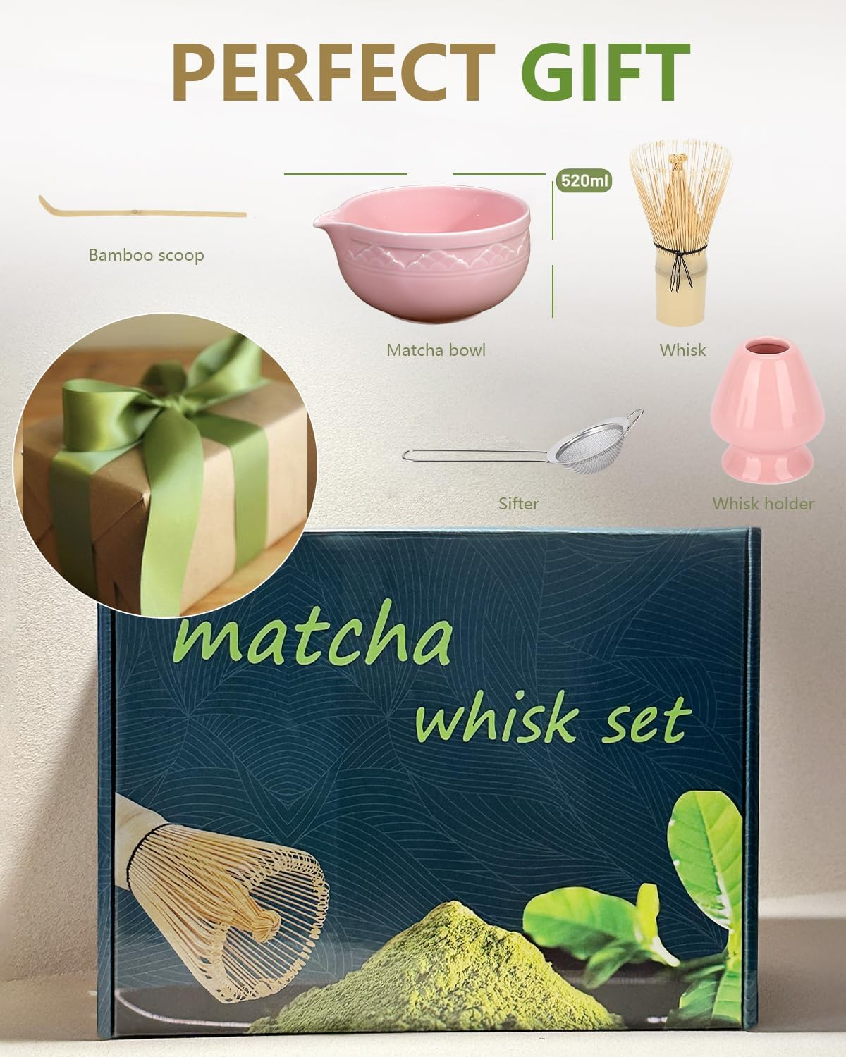 6 Pack Matcha Whisk Set, Japanese Tea Set Includes Matcha Bowl with Spout, Bamboo Matcha Whisk and Scoop, Matcha Whisk Holder, Stainless Steel Sifter, Scoop Stand, Matcha Kit for Matcha Love (Pink) - Green image number 2