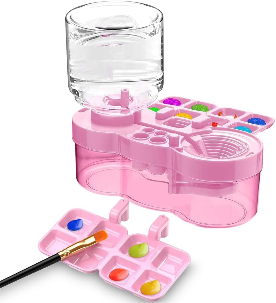 1 PCS Pink Transparent Paint Brush Cleaner Tool,Universal Crafts Water Cycle Watercolor Brushes Rinse Dispenser with Holder and Palette,Washing My Brush,Painting Art Supplies for Artist Beginner Kid image number 3