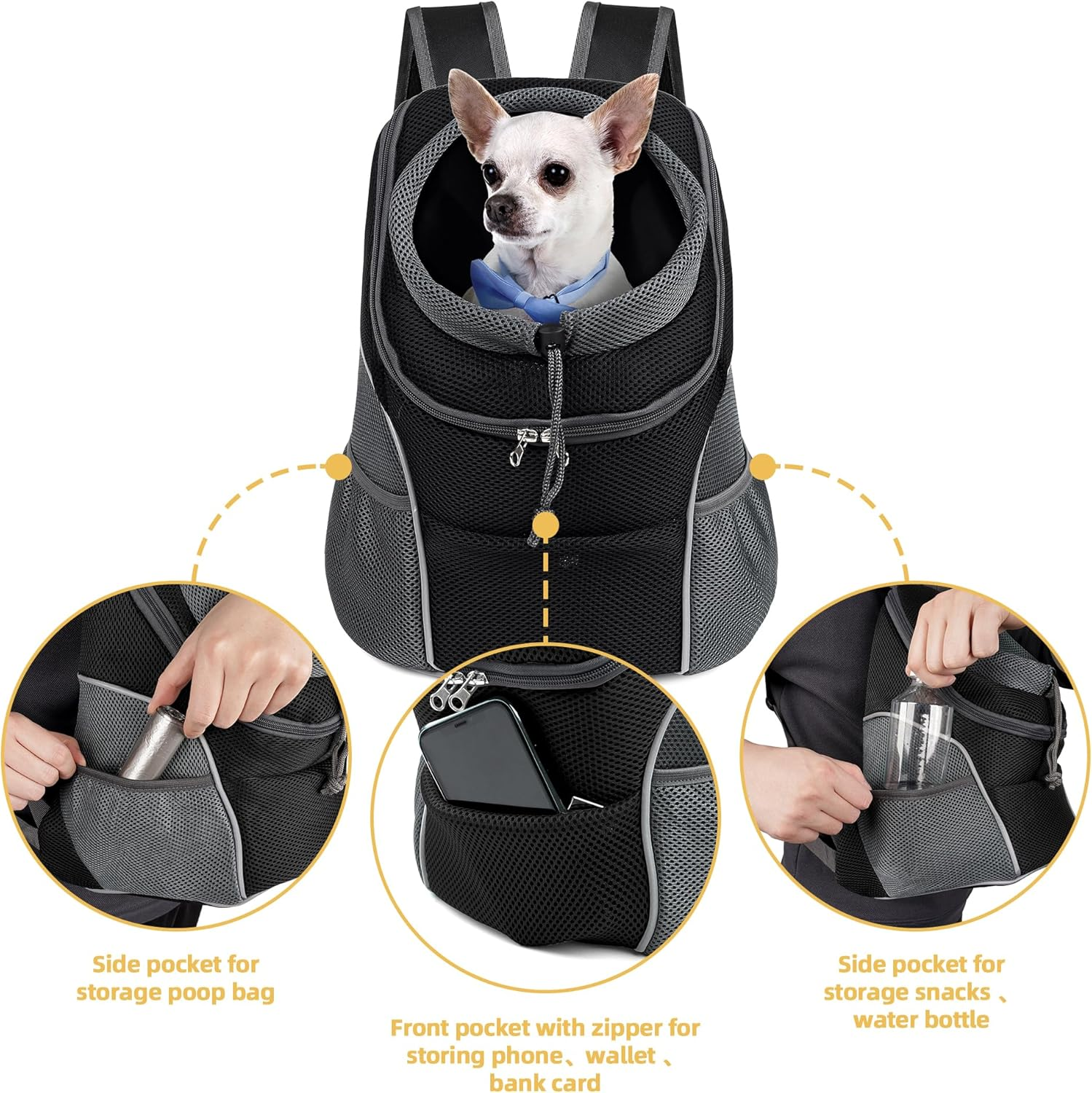 WOYYHO Pet Dog Carrier Backpack, Small Dog Front Backpack Ventilated Dog Carrier Back Pack with Storage Pockets, Adjustable Straps & Safety Belt for Travel Hiking Outdoor (Size S: 2-4.5 Lbs, Black) image number 3