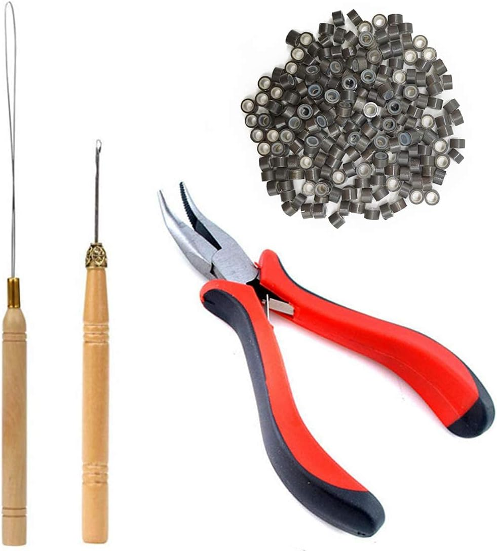 1 Set Hair Extension Tool Kit Plier Hook Pulling Needle 200Pc Micro Silicone Link Rings Beads for Professional Hair Styling Tools Accessory (# 1)