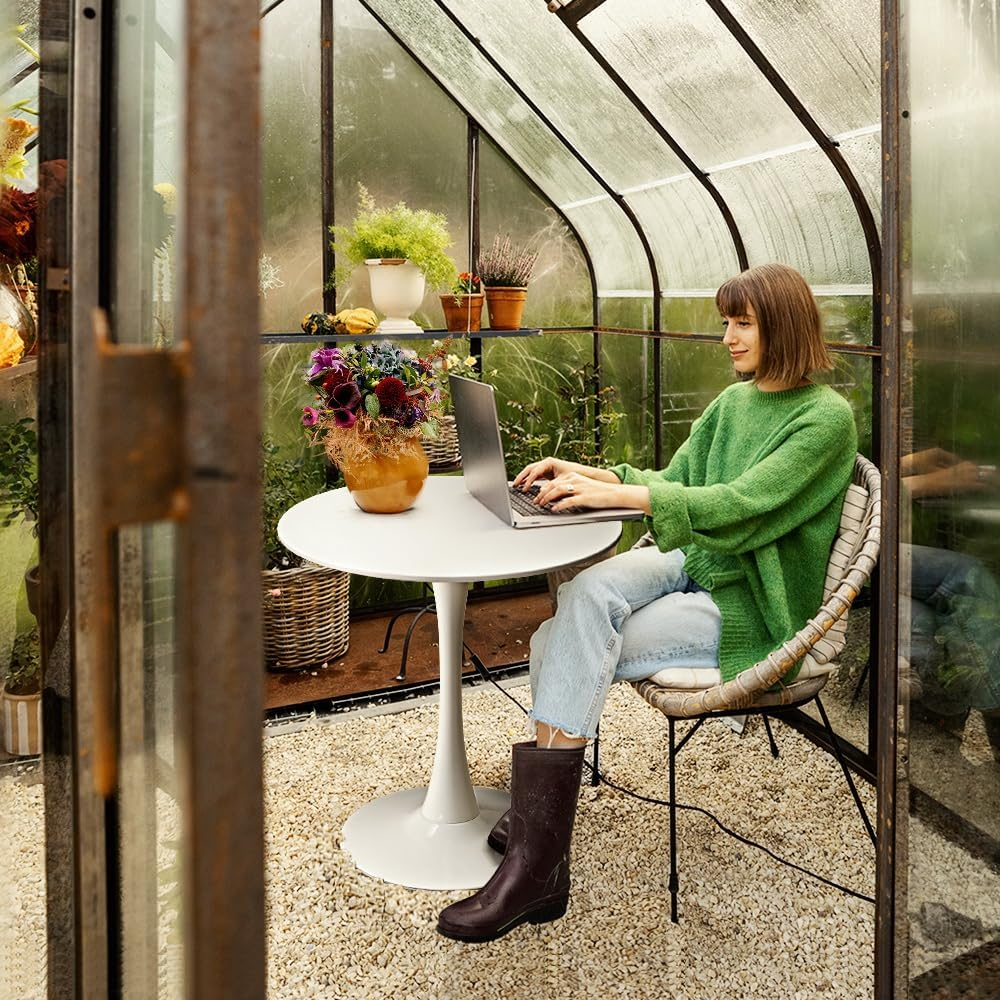 Furb 70Cm round Dining Table for 2, Outdoor Small White Tulip Patio Coffee Table, Wooden Tabletop and Steel Leg image number 4