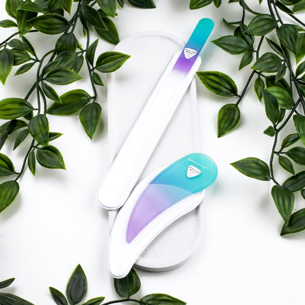 Bona Fide Beauty Ergonomic Nail File Set - 2PC Czech Glass Ergofile Set for Natural Nails and Acrylic Nails (Pastel Green and Violet) - Blue image number 4