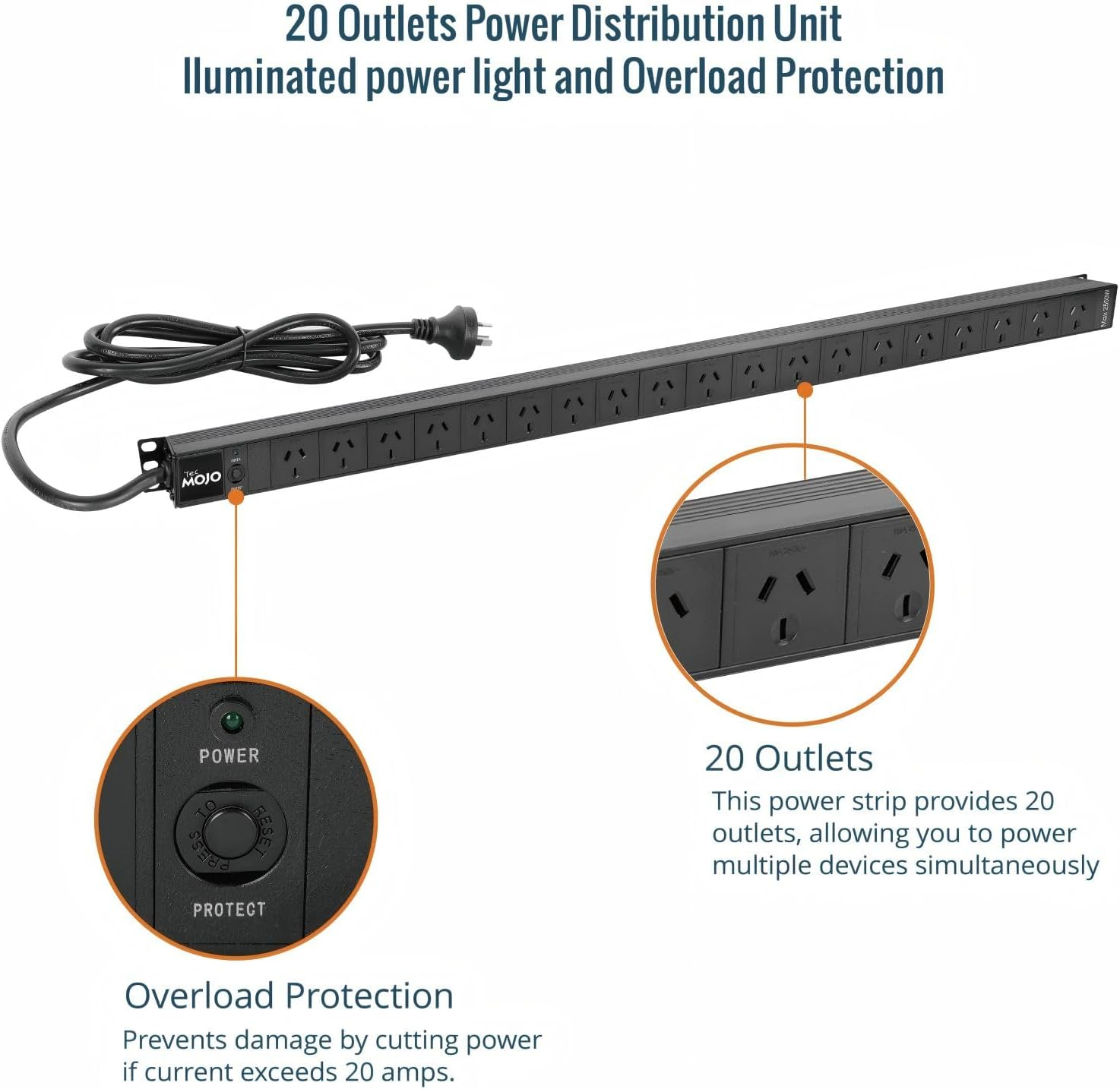 Tecmojo Vertical PDU Power Strip, 20 Outlets Rack Mount Power Distribution Unit for Server Cabinet, 10A Power Plug with 2M Power Cord, Overload Protection, 250V 50/60HZ image number 4