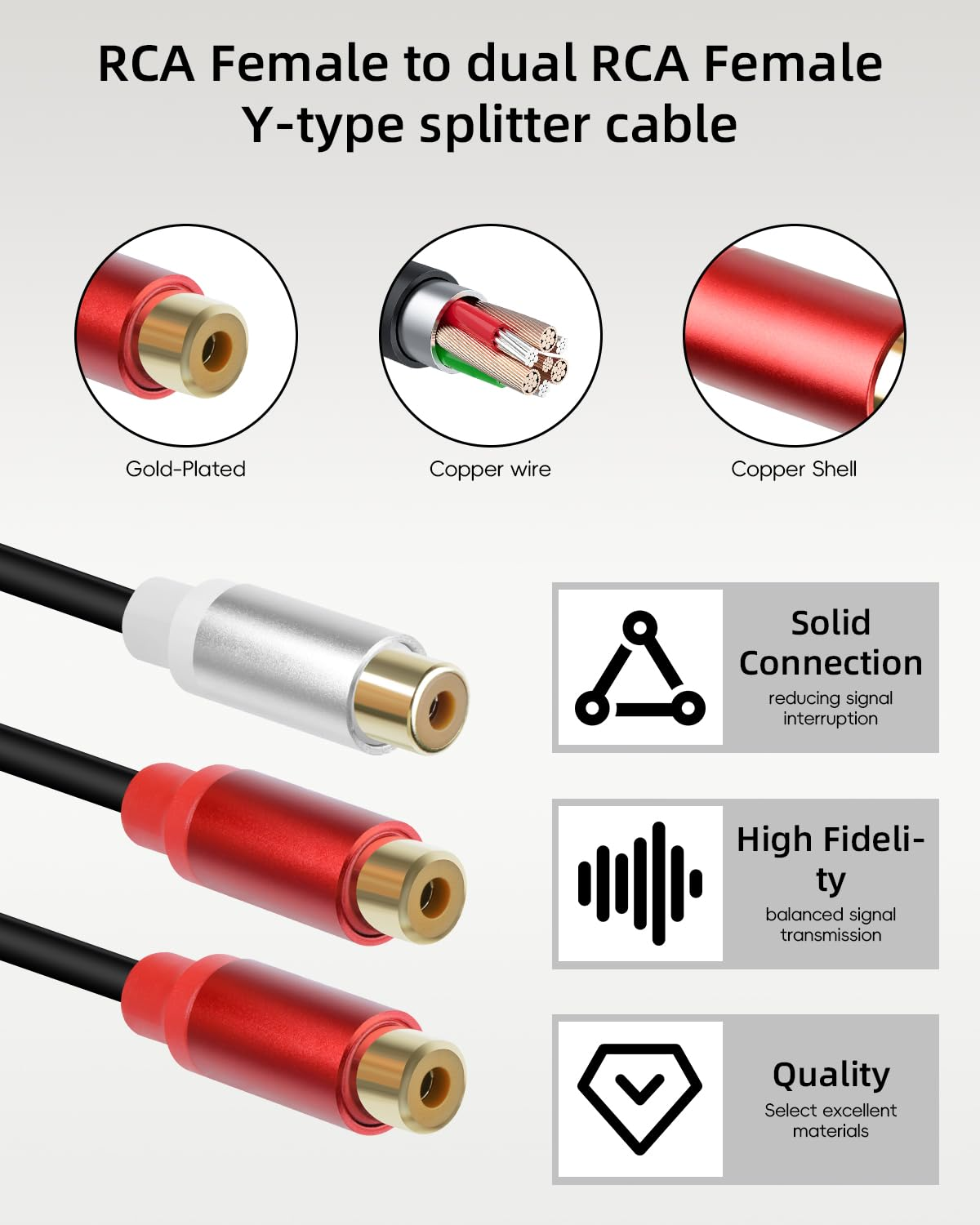 RIIEYOCA RCA Cable 1RCA to 2RCA Stereo Audio Cables, RCA Stereo Cable for Home Theater, HDTV, Amplifiers, Hi-Fi Systems, Car Audio, Speakers, 0.3M/1FT (1F to 2F) image number 2