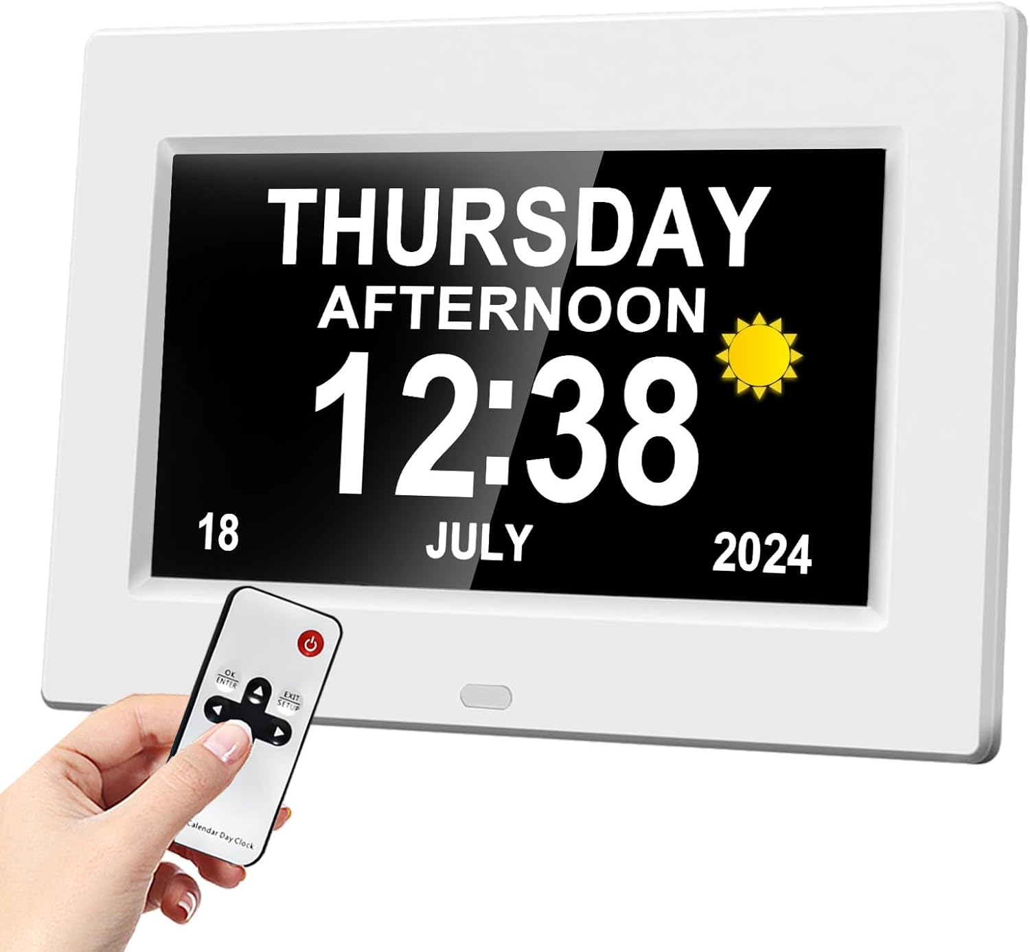 Dementia Clock for Seniors - 7" Large Clock for Seniors with Dementia, Digital Clock with Date & on Time Alarms, Remote Control, Dementia Wall Clocks for Elderly- White