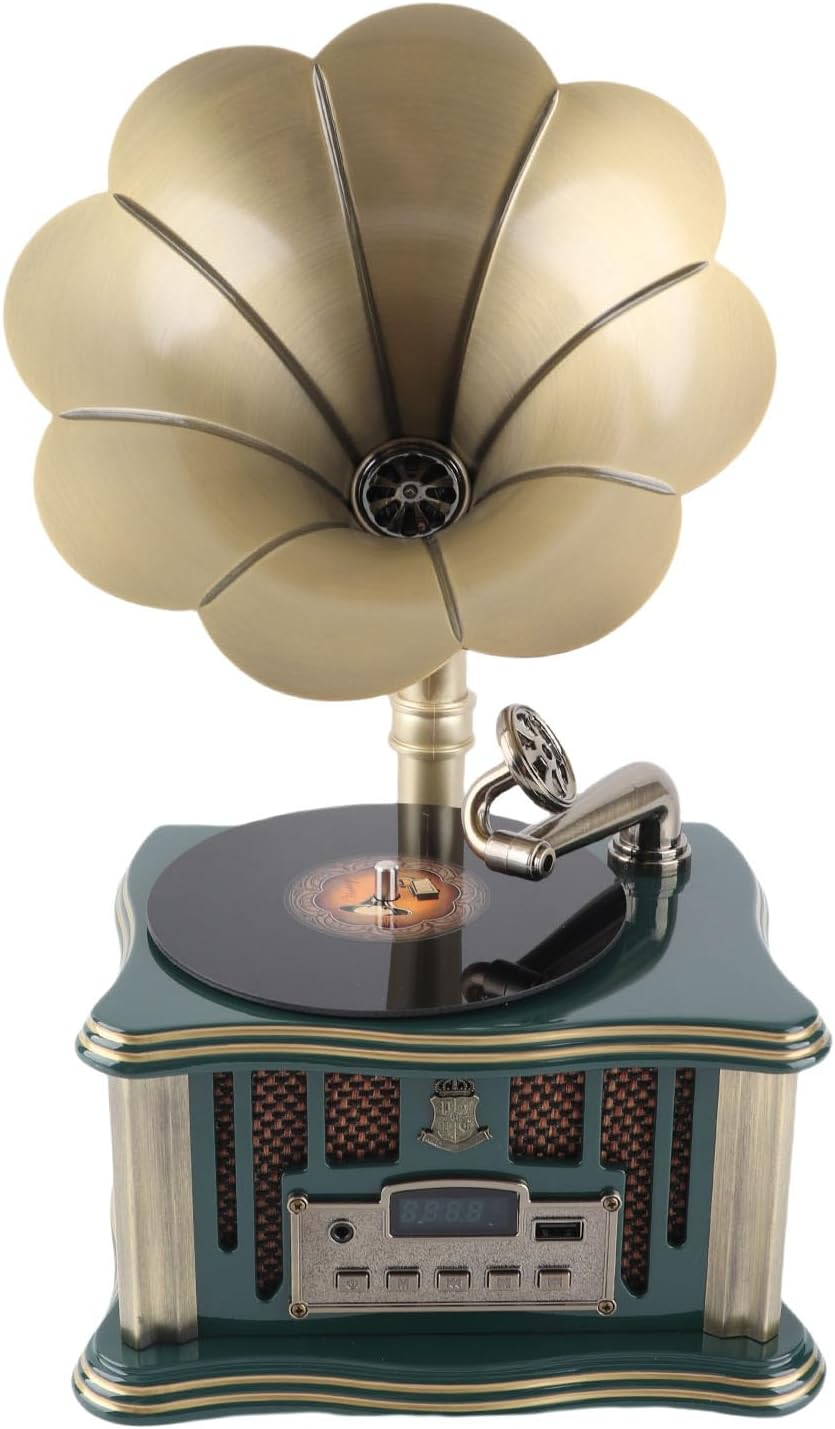 Phonograph Record Player, Retro Gramophone Bluetooth Player with Remote Control, Mini Record Player Gramophone Turntable for Home Decoration (Green)