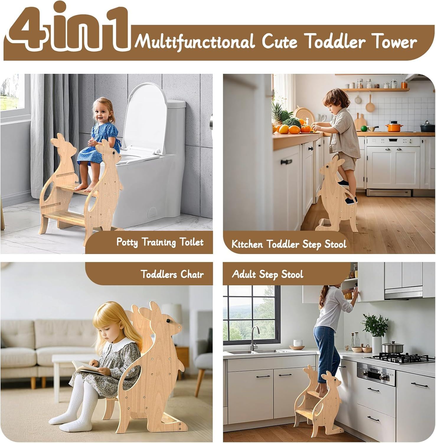 Wooden Kitchen Step Stool Helper for Bathroom Sink, Adjustable 2 in 1 Toddler Tower with Safety Rail and Anti-Slip Steps, Kids Learning Standing Tower for Counter, Toilet Potty Training (Natural) - Black image number 7