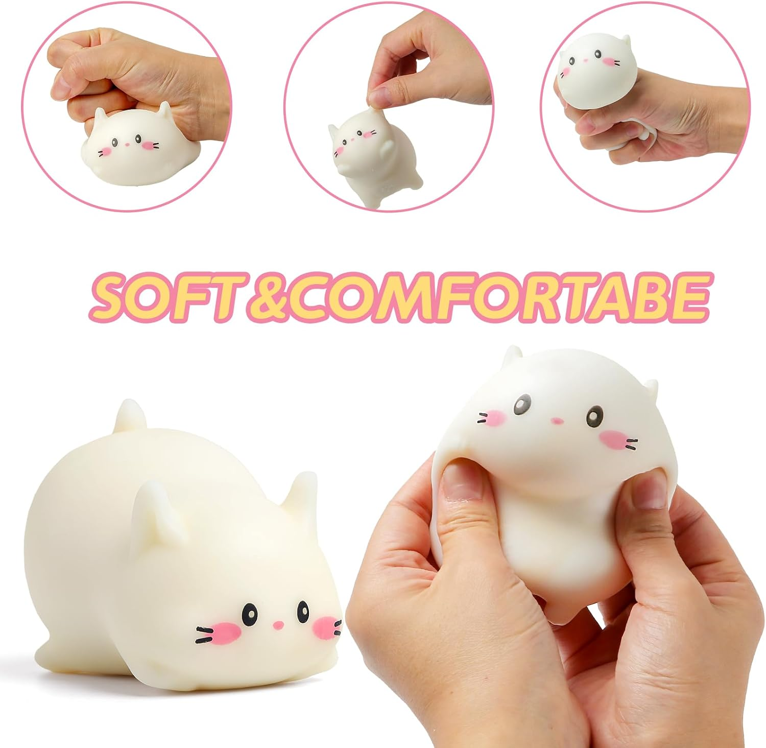Cat Stress Balls, Cute Cat Squishy Toys for Kids and Adults, Stress Relief Sensory Toys (White), Fidget Toys Squishy Suitable Boys Girls, Animal Dough Squishies Squeeze Toys, Party Favors for Kids image number 3