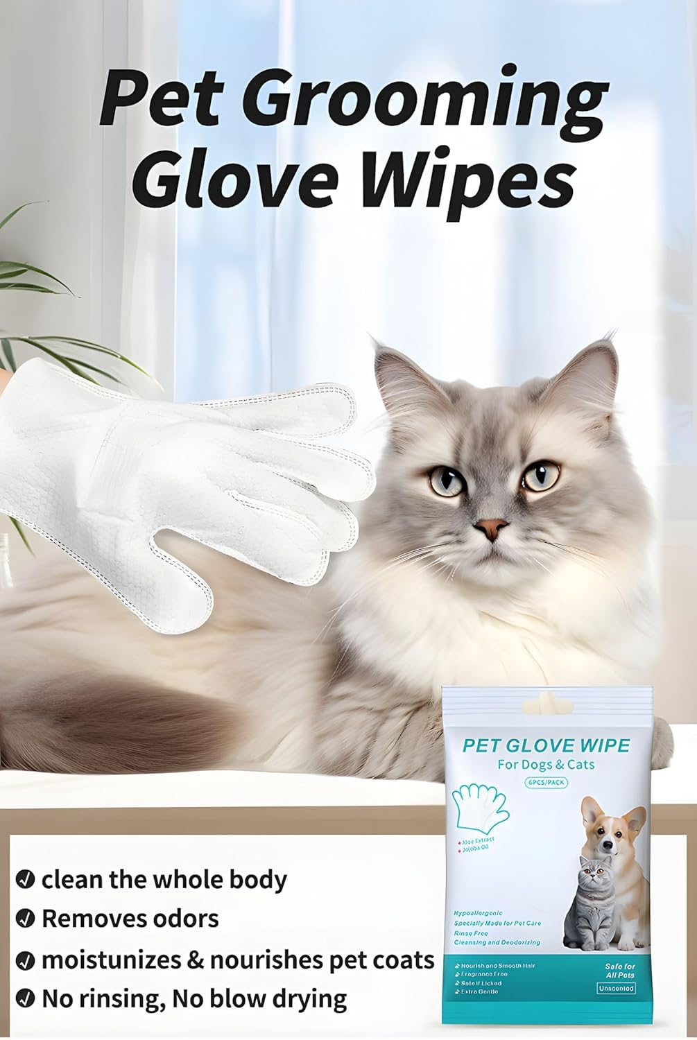 12Pcs Pet Wipes Gloves with Easy & Effective Cleaning, Pet Disposable Wipes with Deep Cleansing &Nourishing Hair, Safe for Pets image number 3