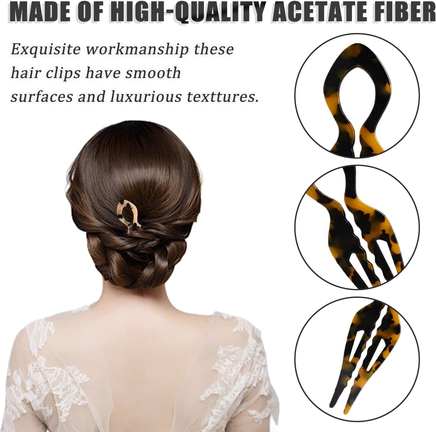 SYEYCW Pack of 3 French Hair Pins, French U-Shaped Hairpins, Acetate Hair Styling for Bun and Updos, Durable Hair Pins for Thick, Fine, Long Hair, 3 Colours image number 2