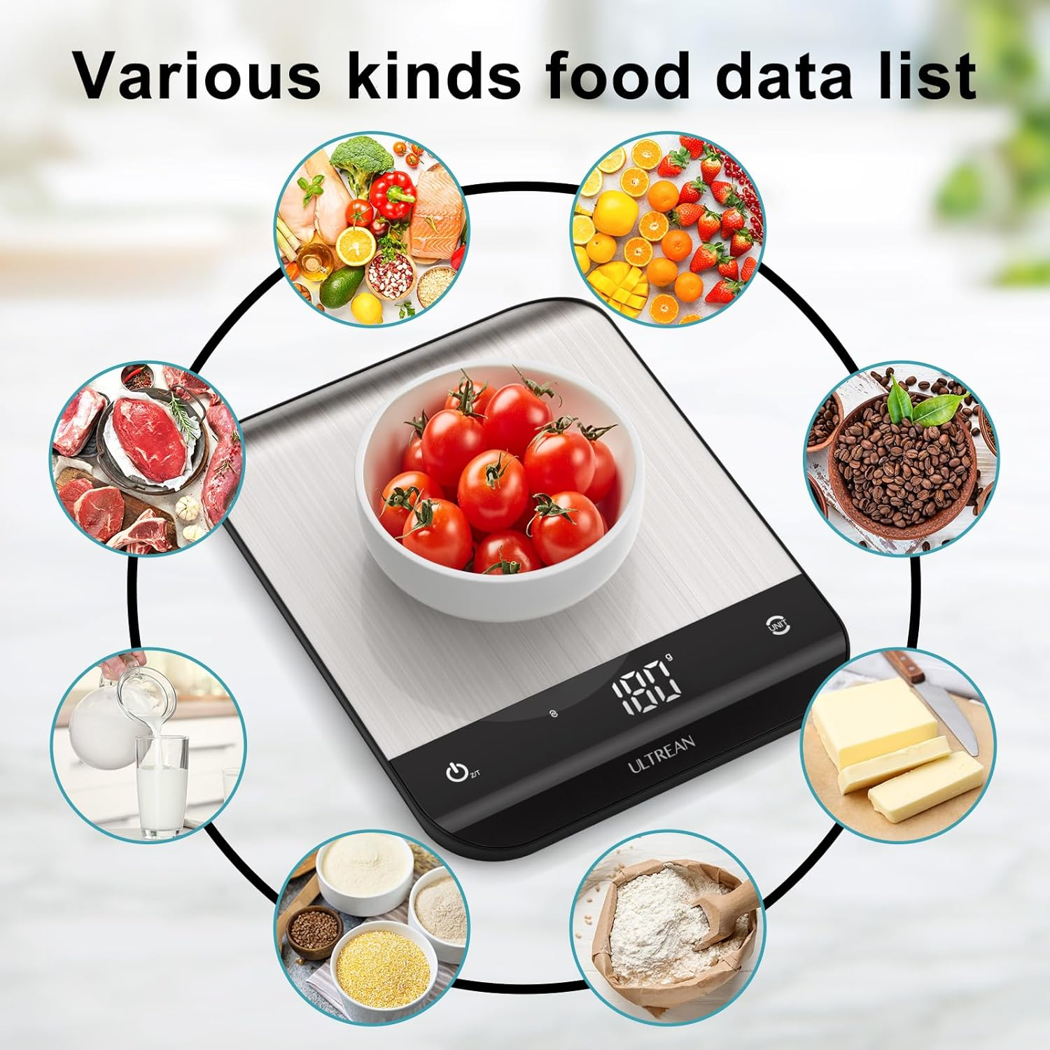 Ultrean Food Scale with Nutritional Calculator,Digital Grams and Ounces for Baking Cooking,Smart Food Weight Scale with App for Tracking 20 Nutrients, Calorie, Fat, Carbs, Stainless Steel, 33Lb