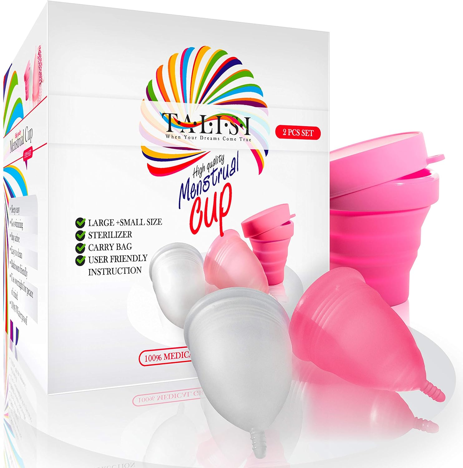Talisi Menstrual Cups Set of 2 with Collapsible Cleaner Silicone Sterilizer - Soft Reusable Period Kit - Tampon Pads Disc Alternative - Menstruation Feminine Cup Regular, Heavy Flow (Small & Large) image number 5