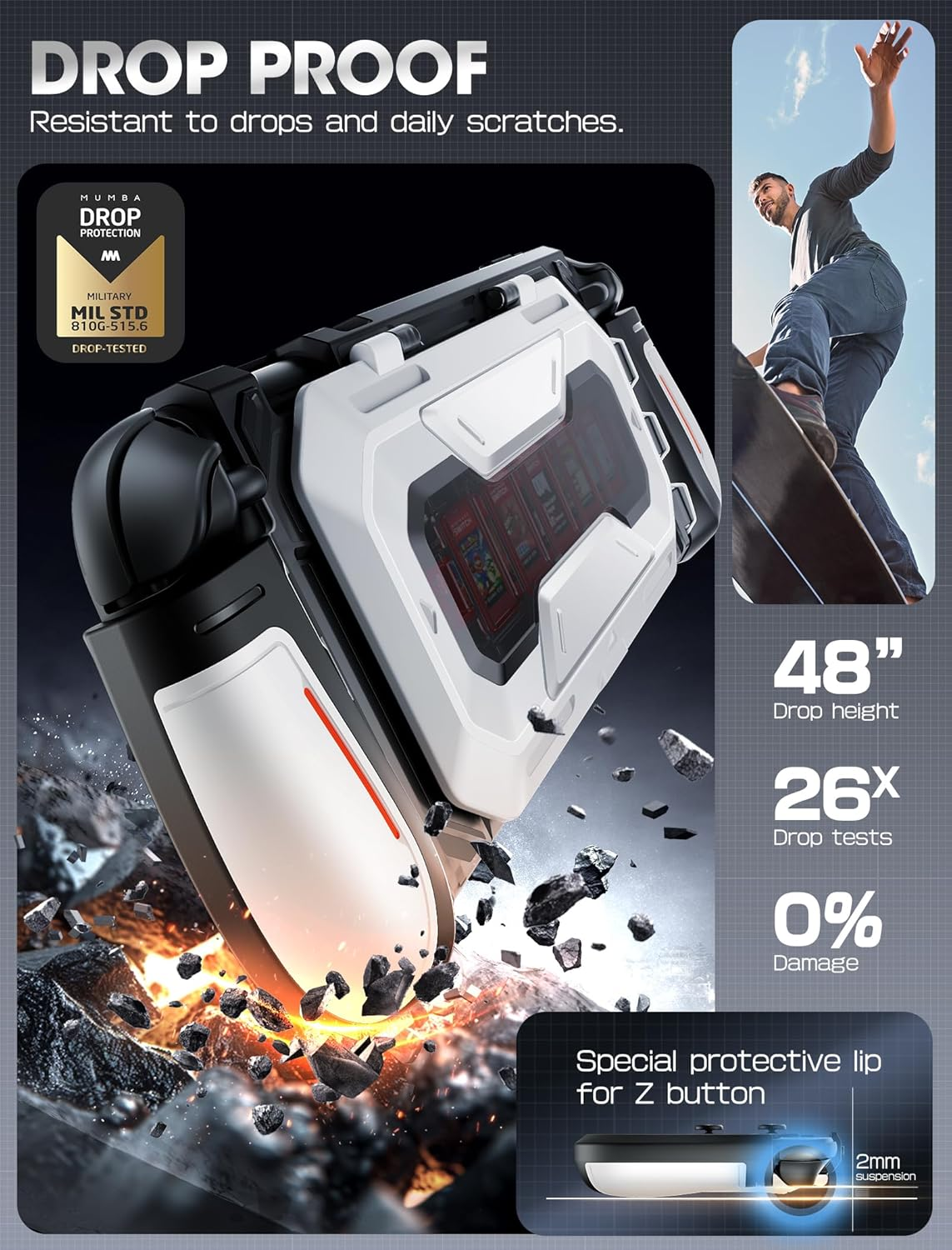 Mumba Dockable for Nintendo Switch 2 Case with Flip Stand, [Titan] Ergonomic Switch 2 Grip Protective Cover Holds 5 Game Cards & 2 TF Cards TPU Accessories and Quick-Release Joy-Con Design (White) - White image number 5