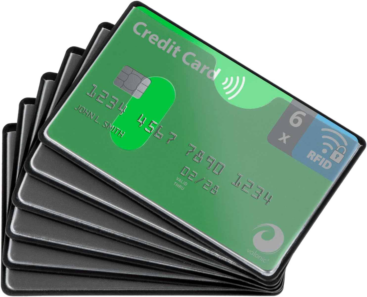 Valonic Set of 6 RFID Blocking Sleeves - Insertion from the Top, Credit Card Protector Sleeve for Wallet - Protection Block for Debit Card and Metro Card, Black/Transparent, 6 Pieces, Minimalist