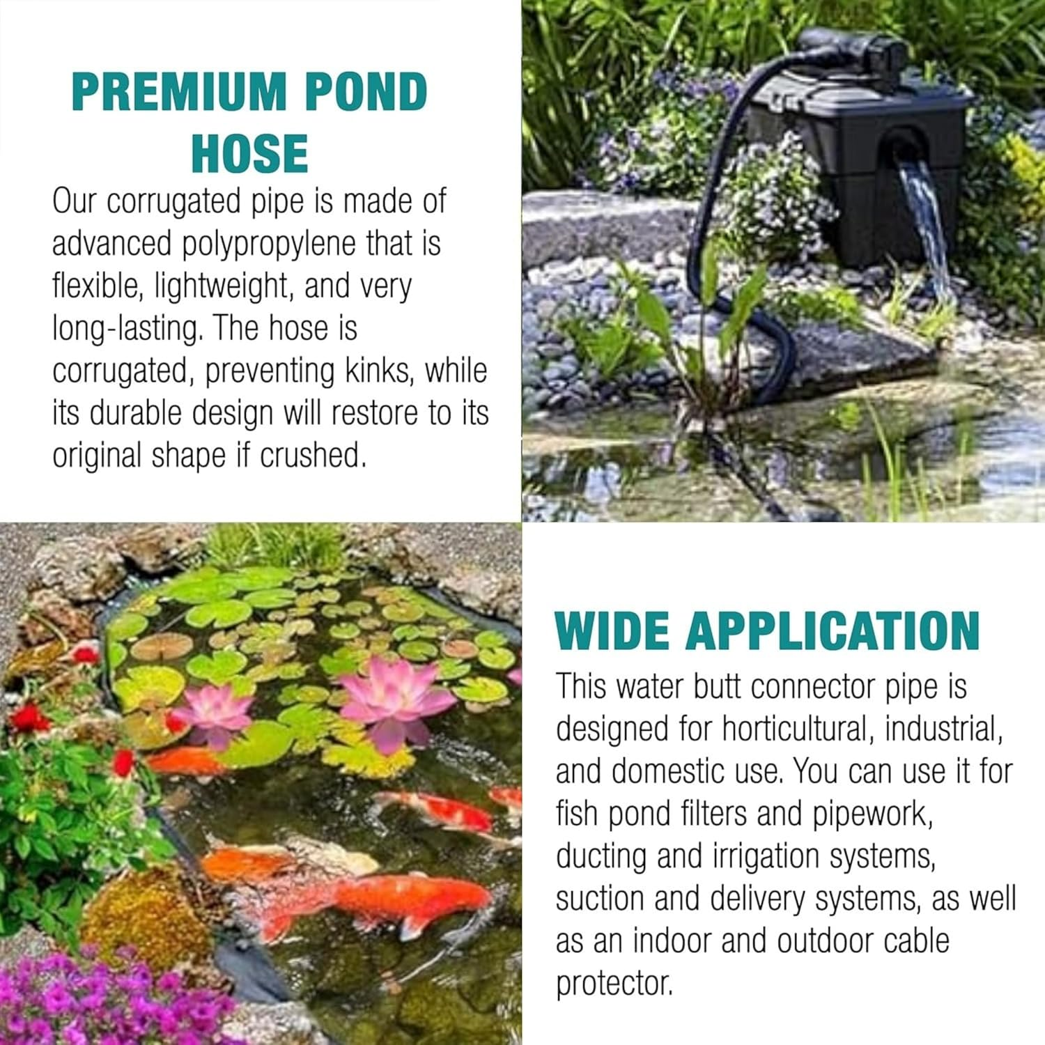 Corrugated Flexible Hose Pond Pipe 25Mm / 1"&ndash; 2-Meter with Advanced Double-Wired Hose Clips for Pond Pumps, Filters, Drainage &ndash; Corrugated Water Butt Connector Pipe - Black. Set by MYPURECORE