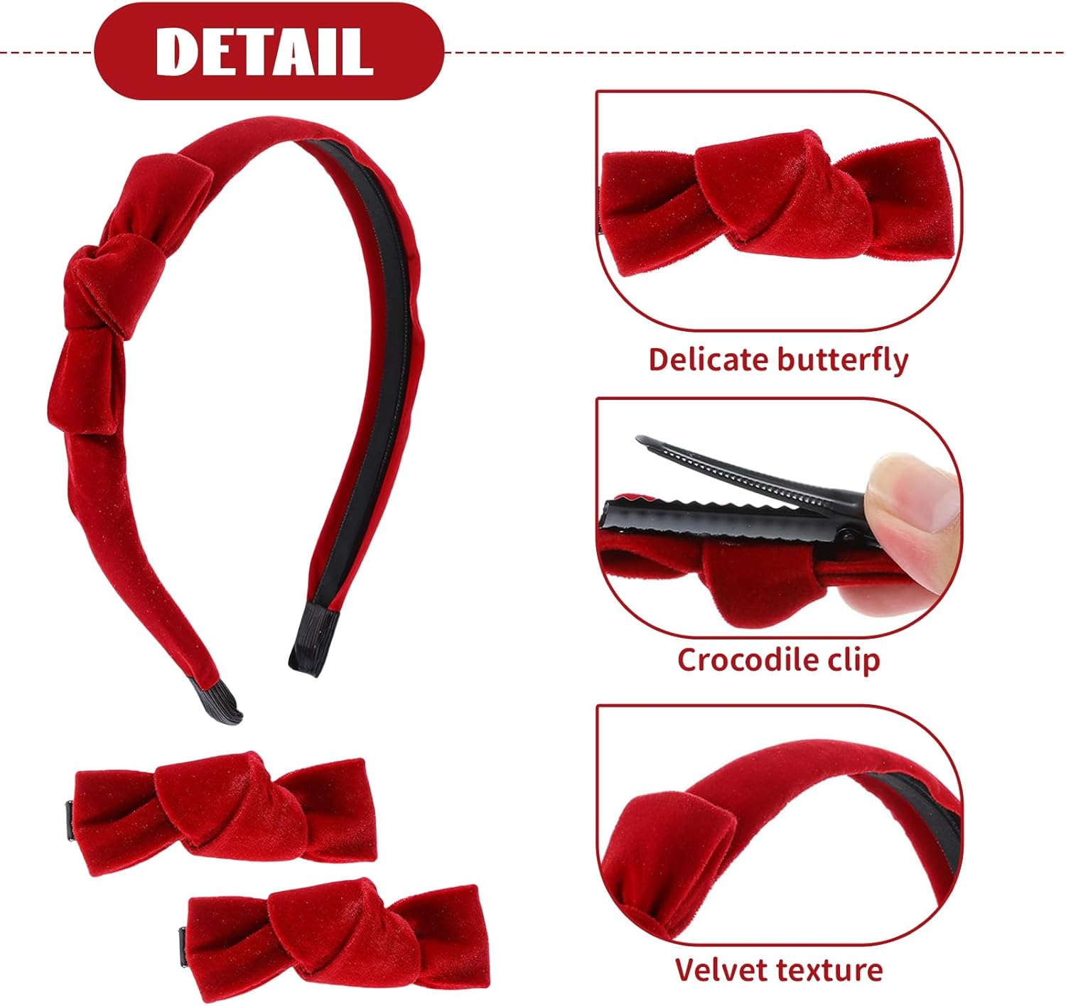 TELAIN Set of 3 Red Velvet Headband and Bows Set, Elegant Hair Accessories with Alligator Clips, Comfortable and Versatile for Stylish Looks image number 6
