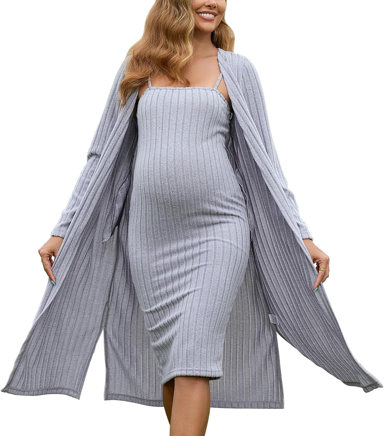 DEBELLY Maternity 2 Piece Set Knee Length Bodycon Dress with Transparent Straps Long Sleeve Cardigan for Baby Shower Winter