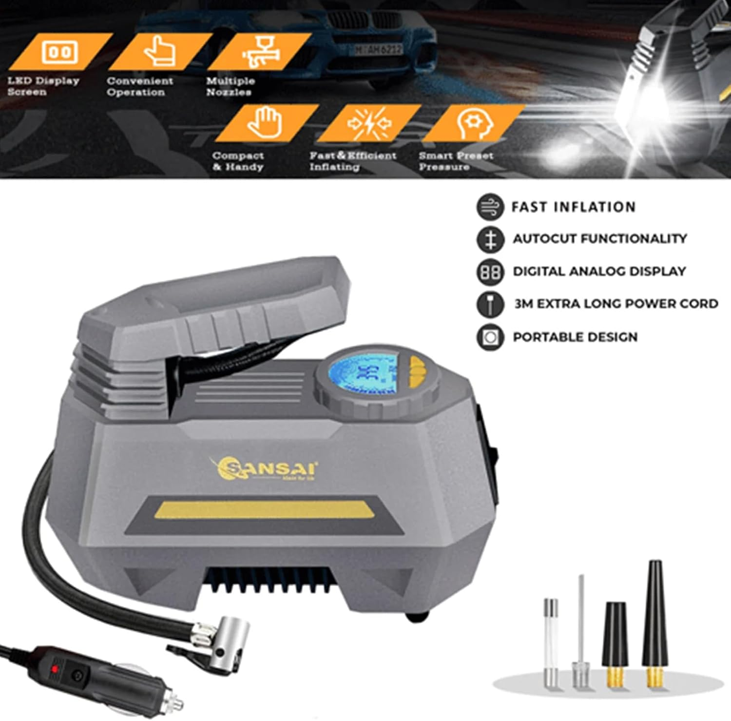Sansai 120W Portable Digital Car Socket Air Pump Compressor Tyre/Bike Inflator