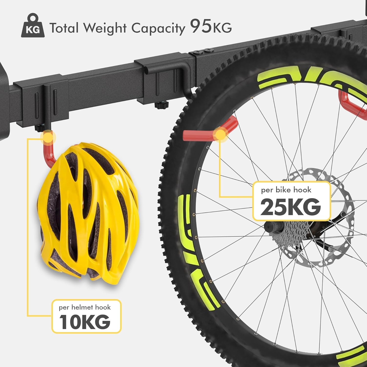 Mimoke Bicycle Wall Mount Vertical | Suitable for All Bicycles | Adjustable Hooks | Organisation Solution for Home and Garage (For 3 Bikes 2 Helmet Hooks) image number 4