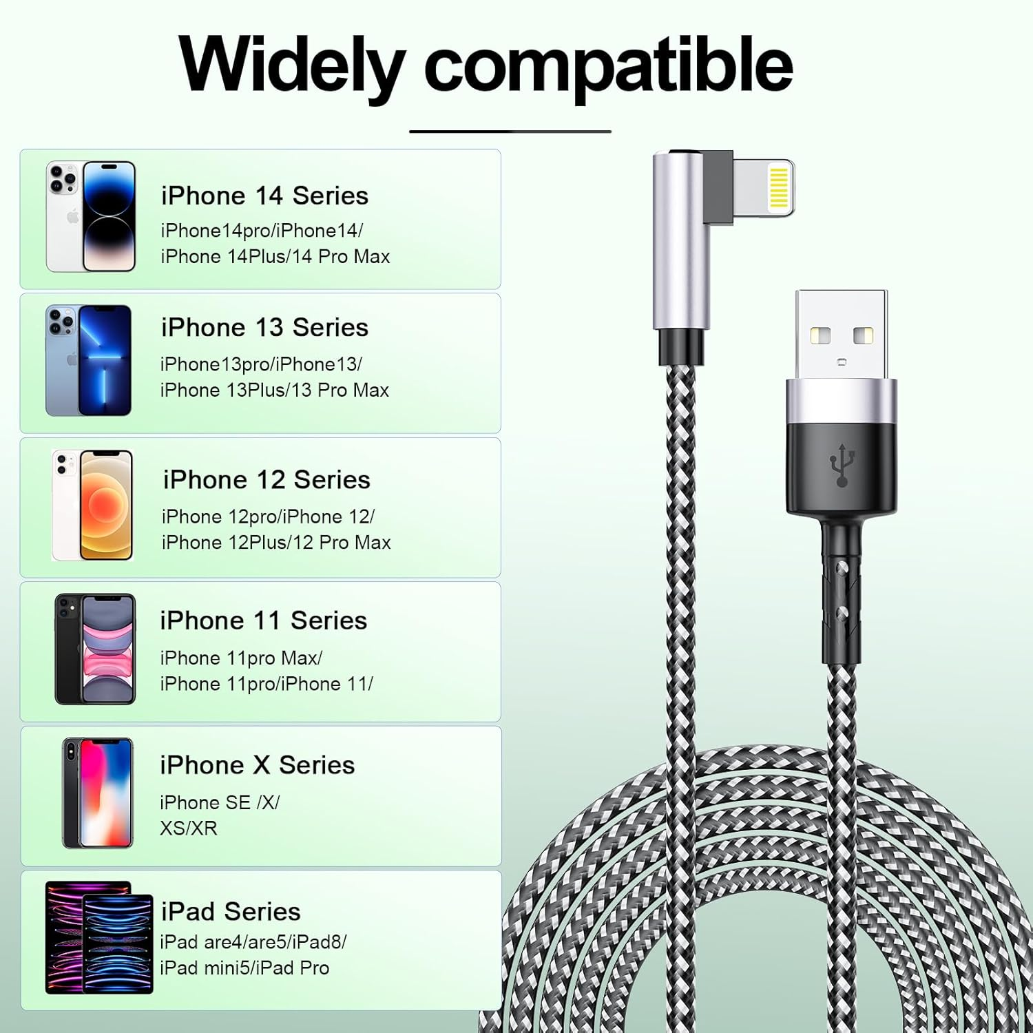 Long Iphone Charging Cable, [3Pack 2M+2M+3M] 90 Degree Right Angle USB a to Light Ning Cable, Nylon Braided 6FT 10FT Long Fast Charger Cord for Iphone 14 13 12 11 Pro Max Xs Xr X 8 7 6 plus SE Ipad image number 4