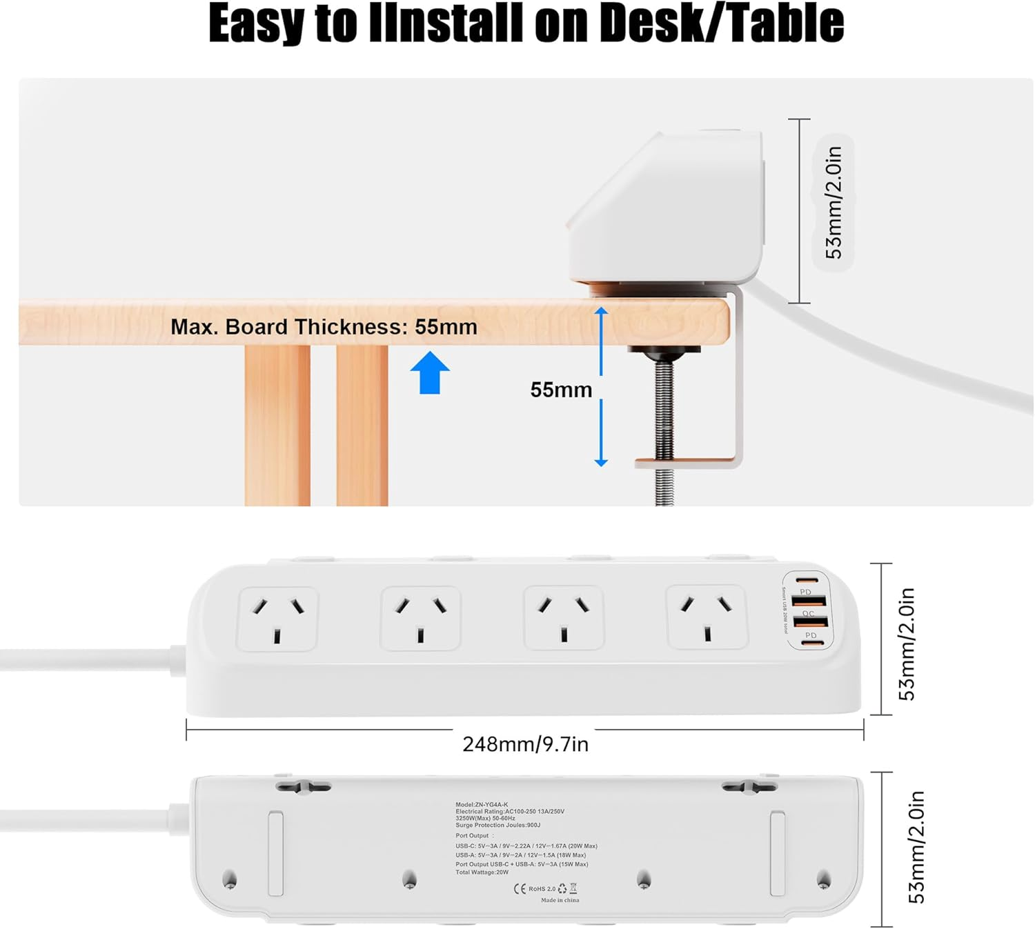 HITRENDS PD 20W Desk Clamp Power Board, Fast Charging Station, 4 AC Outlets and 4USB Ports(2Usb C), Desktop Mounted Power Strip 900J Surge Protected, 2M Extension Cord for Office, Home, White