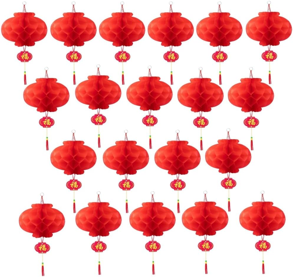 Lucky Red Chinese Lanterns, 20 Pack Honeycomb Balls Decoration Waterproof Plastic Paper Lantern Hanging Lanterns for Chinese Spring Festival Wedding Festive Decorations 10 Inch
