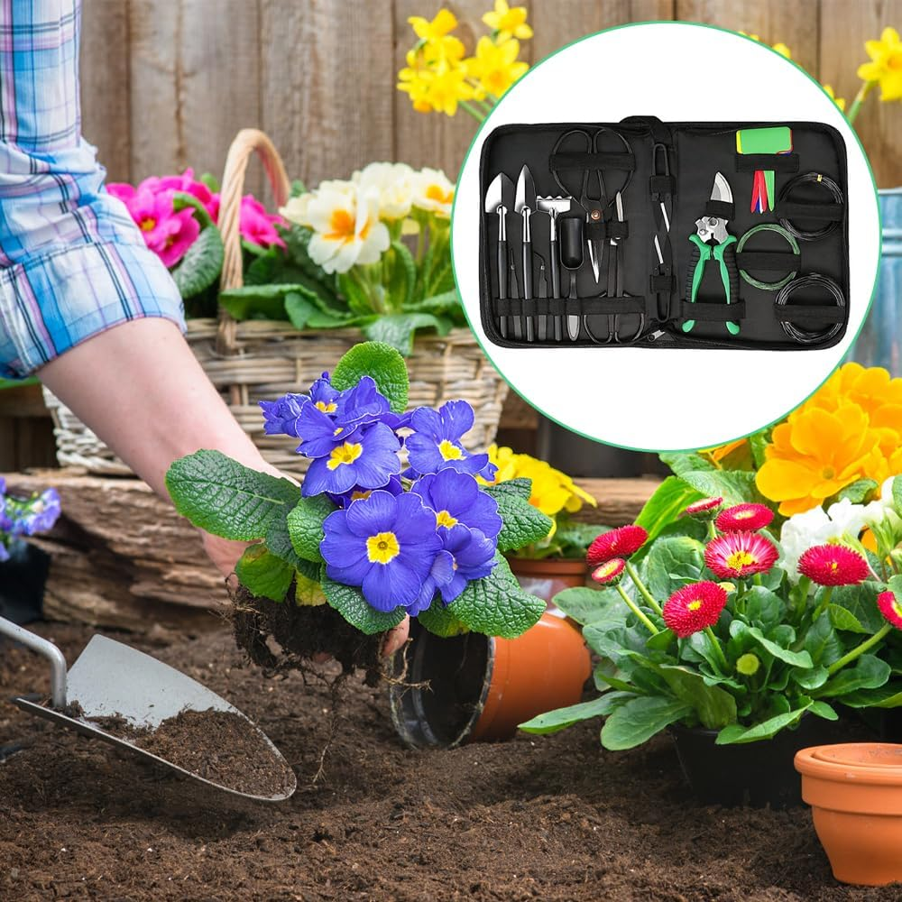 MOTRAIN Gardening Bonsai Tools Set, 24 PCS Carbon Steel Bonsai Tree Kit Tools for Beginners, Plant Trimming Tool Kit Tree Care Bag with Bonsai Wire, Pruning Shears,Scissors, Rake, Shovel, Leaf Cutters image number 3