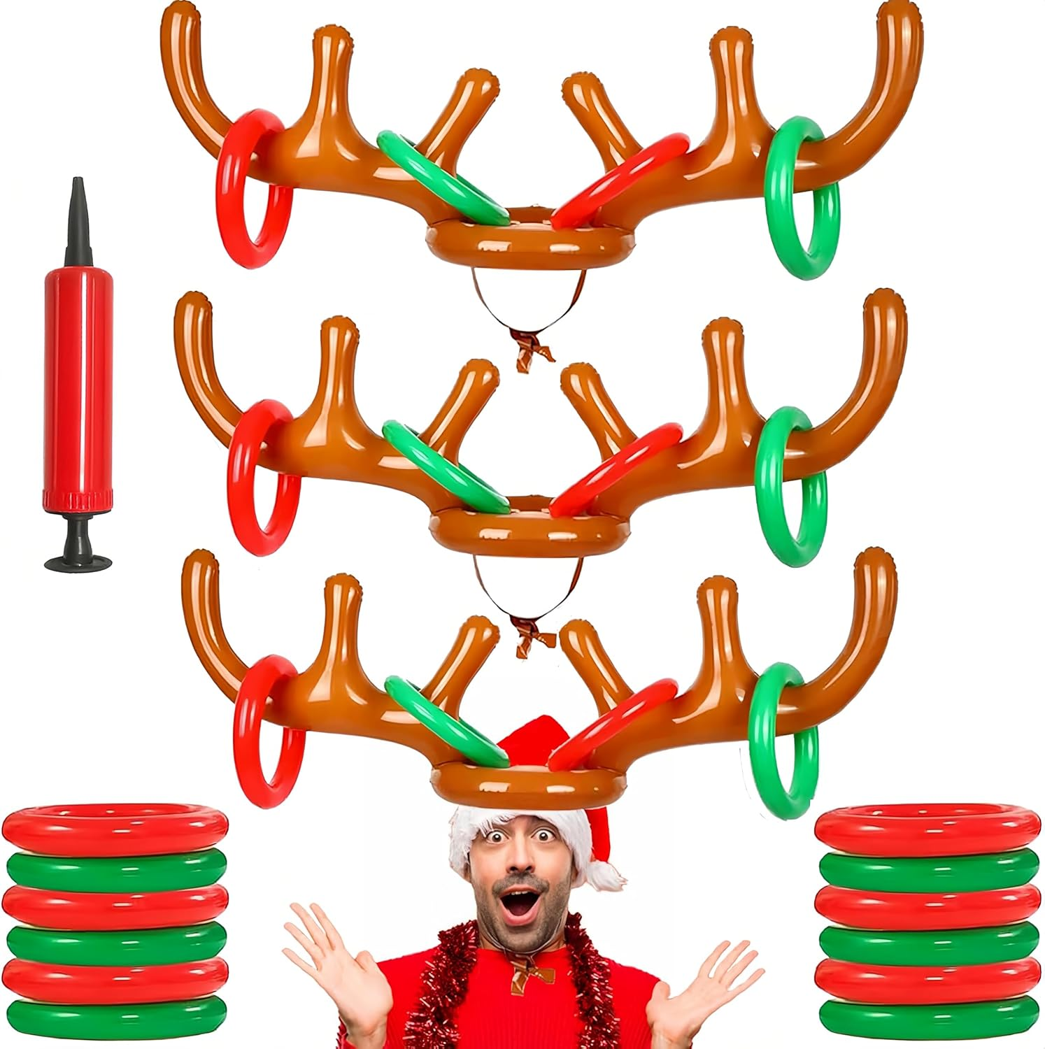 Inflatable Reindeer Antler Ring Toss Game,Inflatable Reindeer Antler Hat,Christmas Party Ring Toss Games Favors Supplies (3 Antlers 12 Rings 1 Air Pump) image number 5